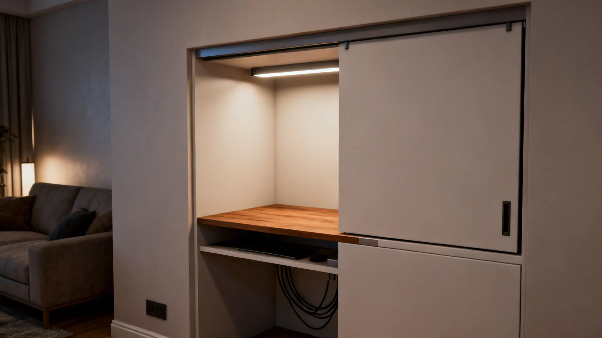 Small home office hidden inside white wall cabinet with sliding door and wooden desk surface