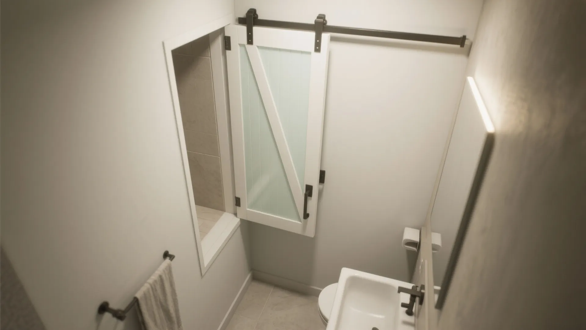 Pocket-style barn door with opal glass recessed into the wall for soft illumination