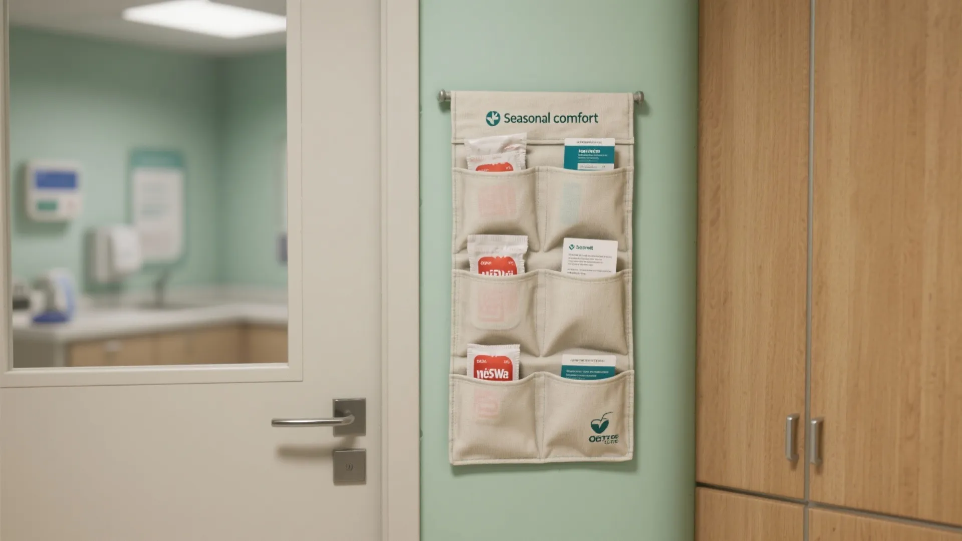 Slim fabric pocket organizer on a clinic door holding hand warmers and informational cards labeled 'seasonal comfort'.
