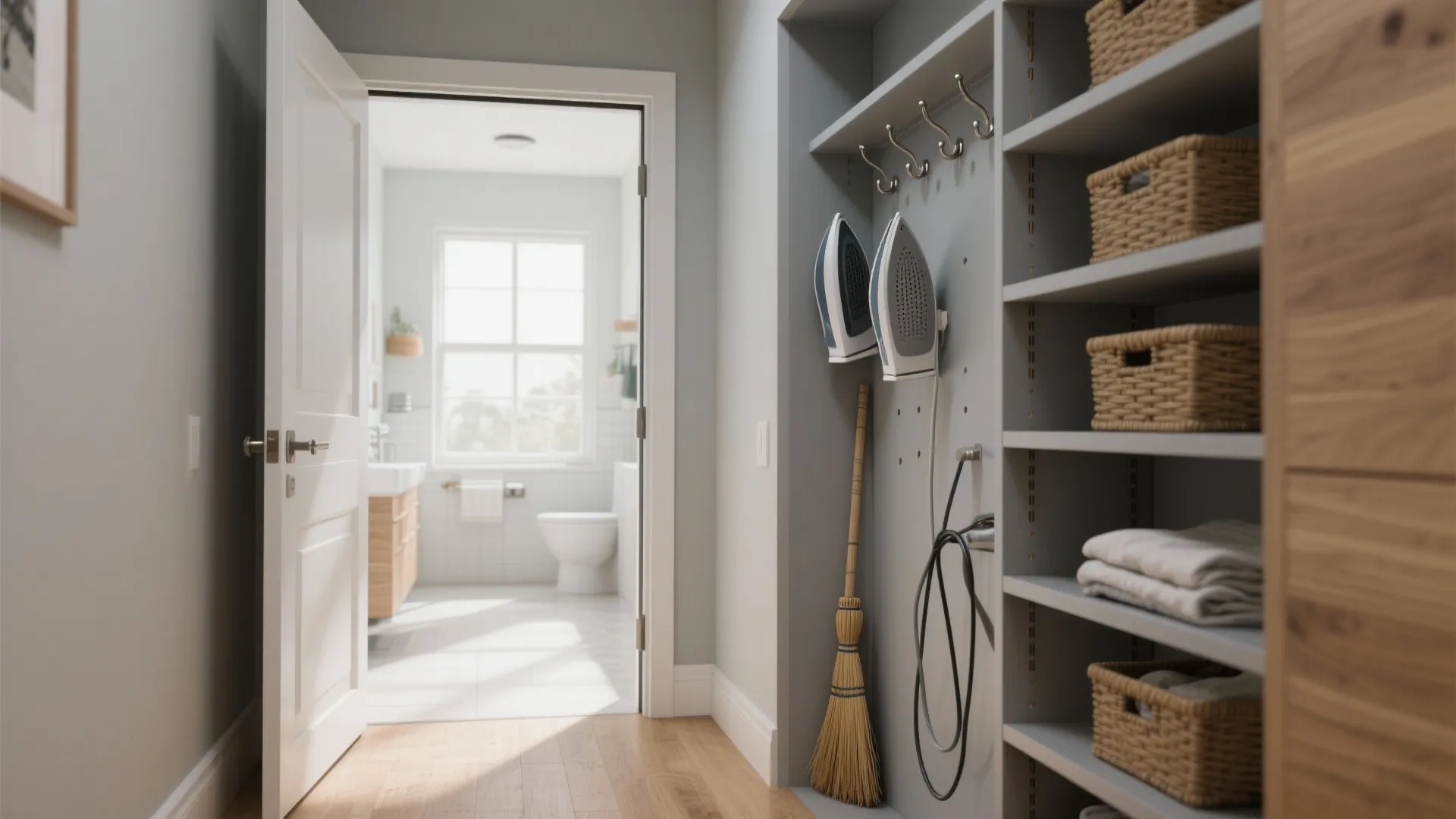Pocket doors and vertical organizers for tight hallways
