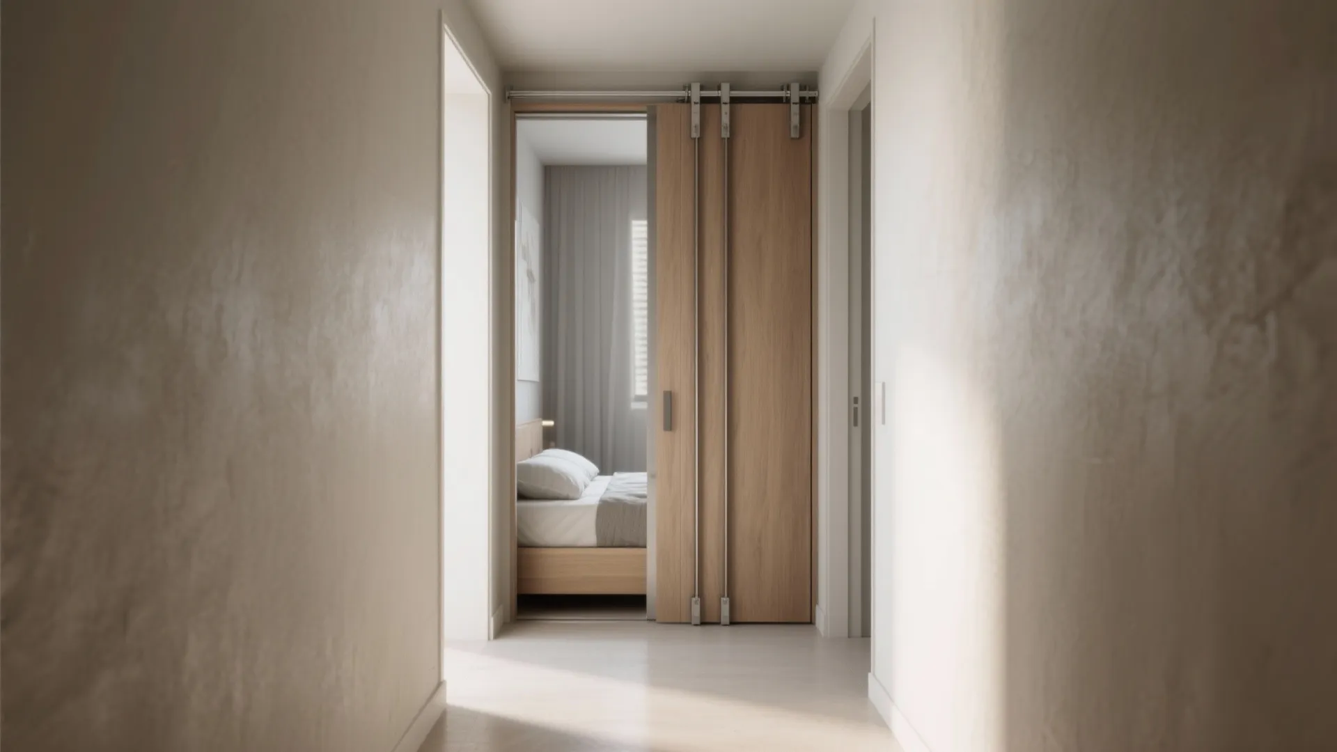 Bright hallway leading to a bedroom with wooden sliding doors and natural light from windows