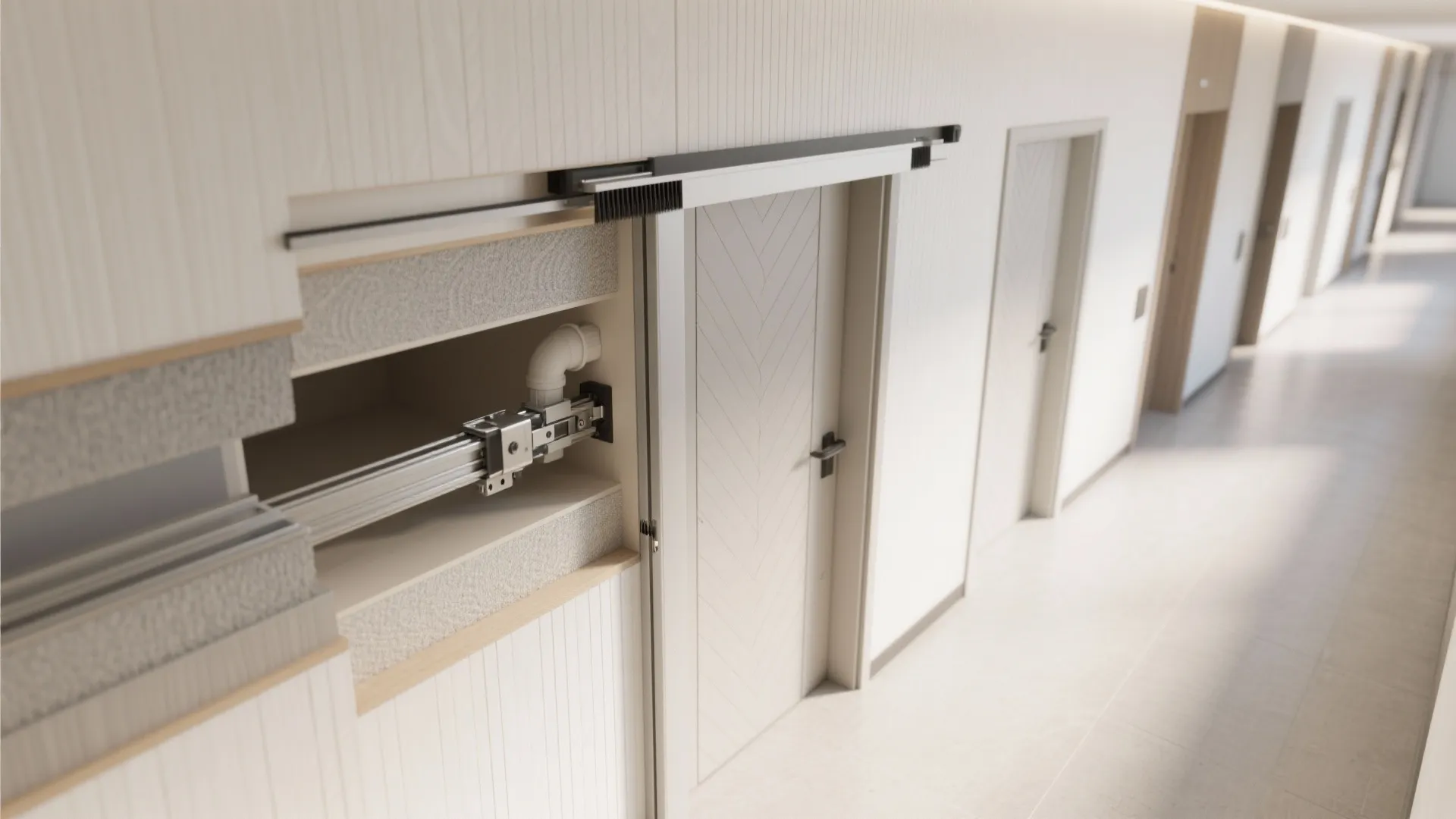 Technical interior design drawing showing sliding door hardware and metal track system hidden inside white walls