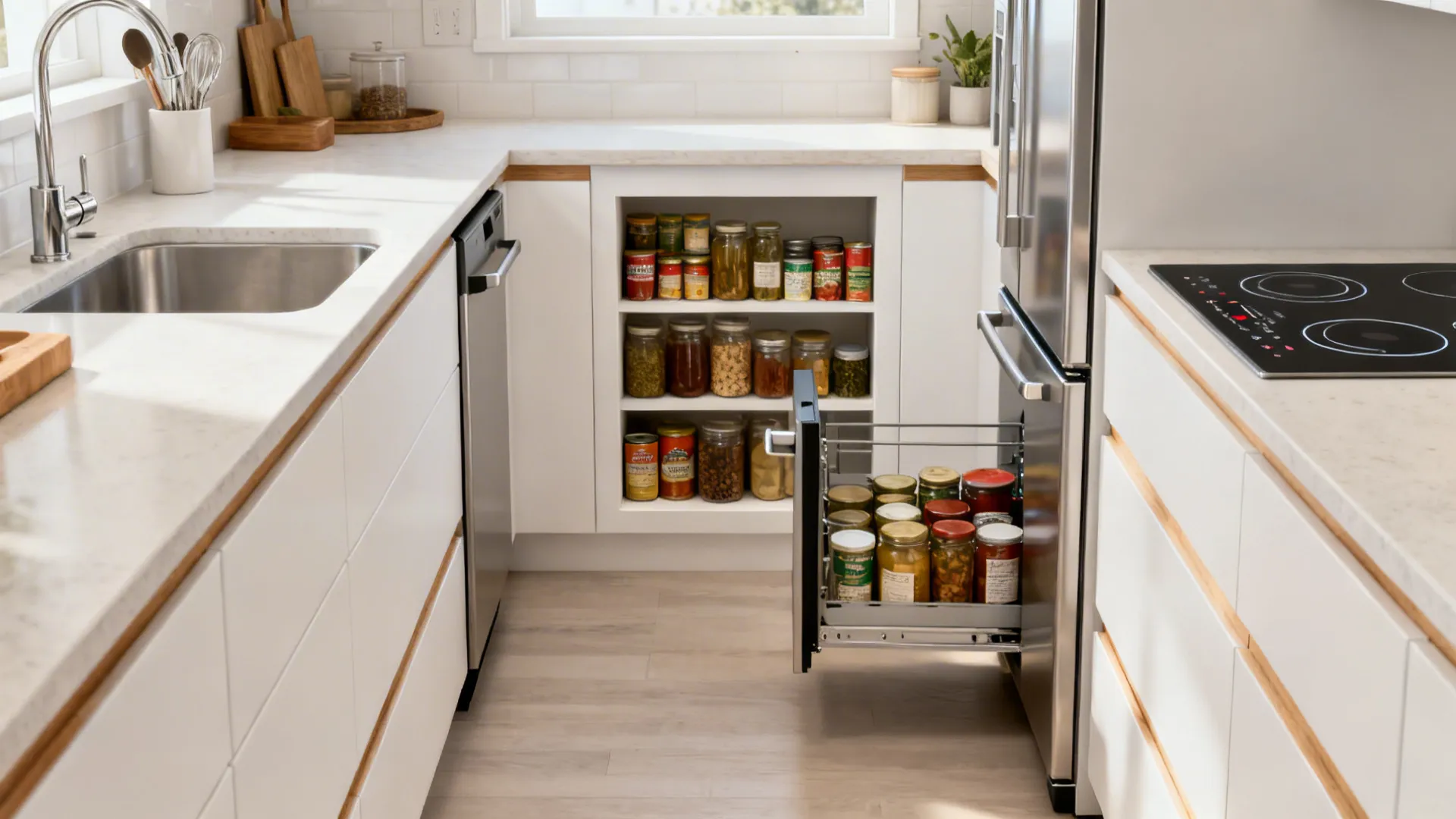 8x8 kitchen with a shallow pocket pantry between studs and a 24-inch counter-depth refrigerator.