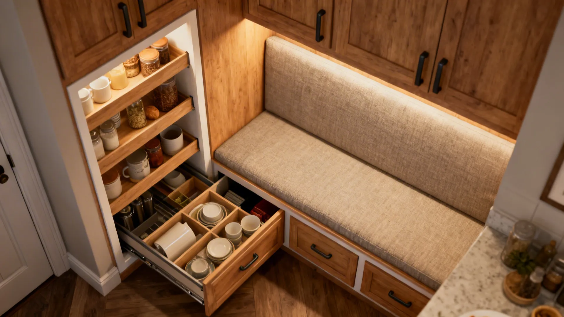 Recessed pantry and built-in bench with hidden storage in a small apartment breakfast nook.
