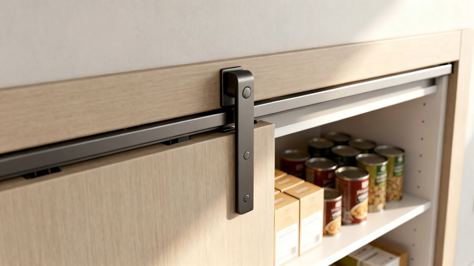 Close-up of a pocket door pantry with shallow shelves and a sleek flush pull.