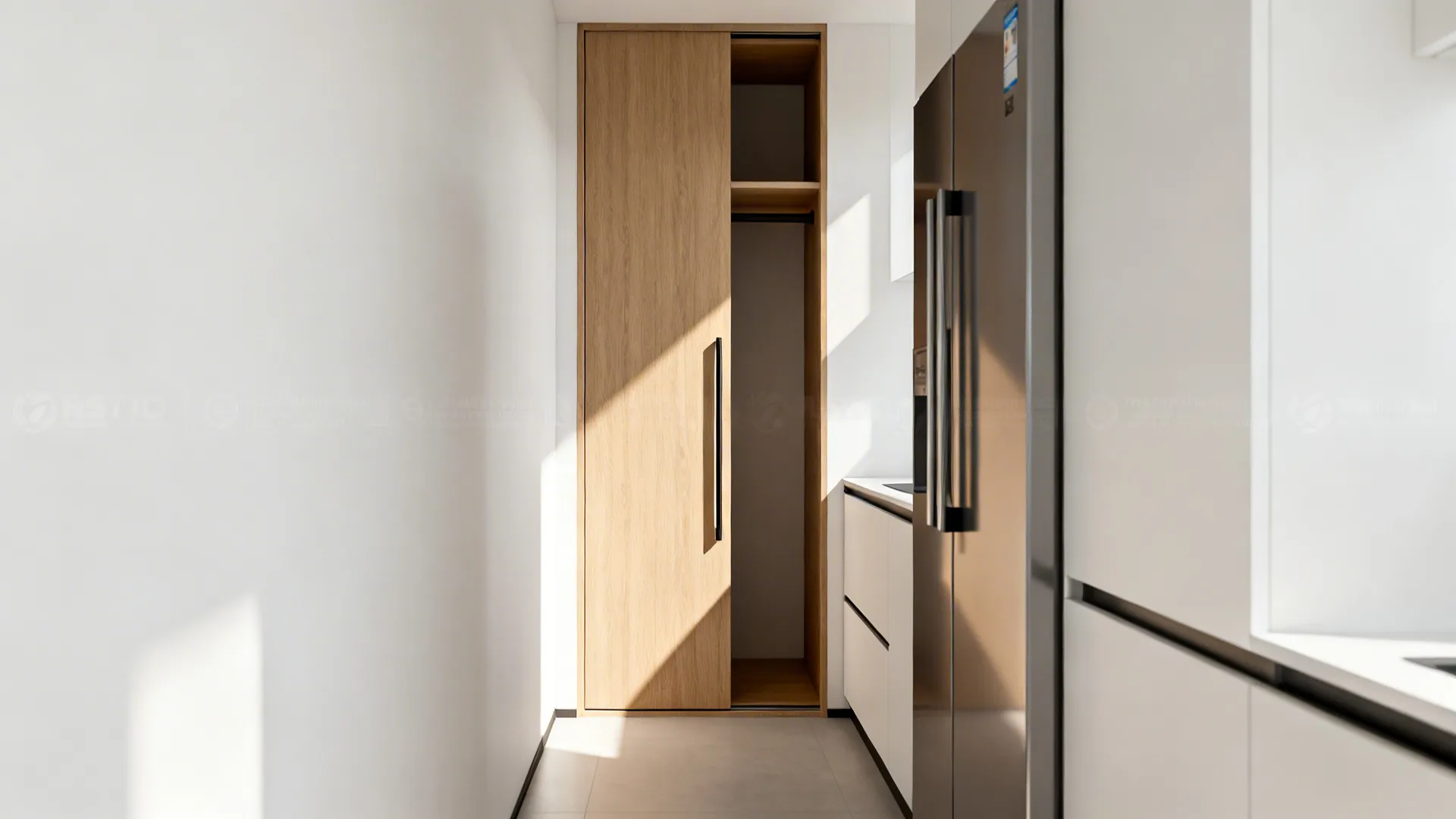 Tall recessed pocket sliding pantry beside a refrigerator in a narrow kitchen.