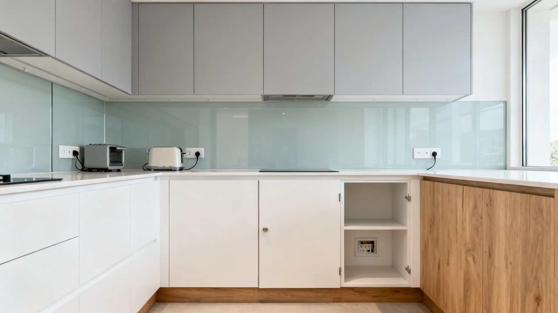 L-shaped kitchen showing a shallow pocket pantry and discreet under-counter outlets for clutter-free counters.