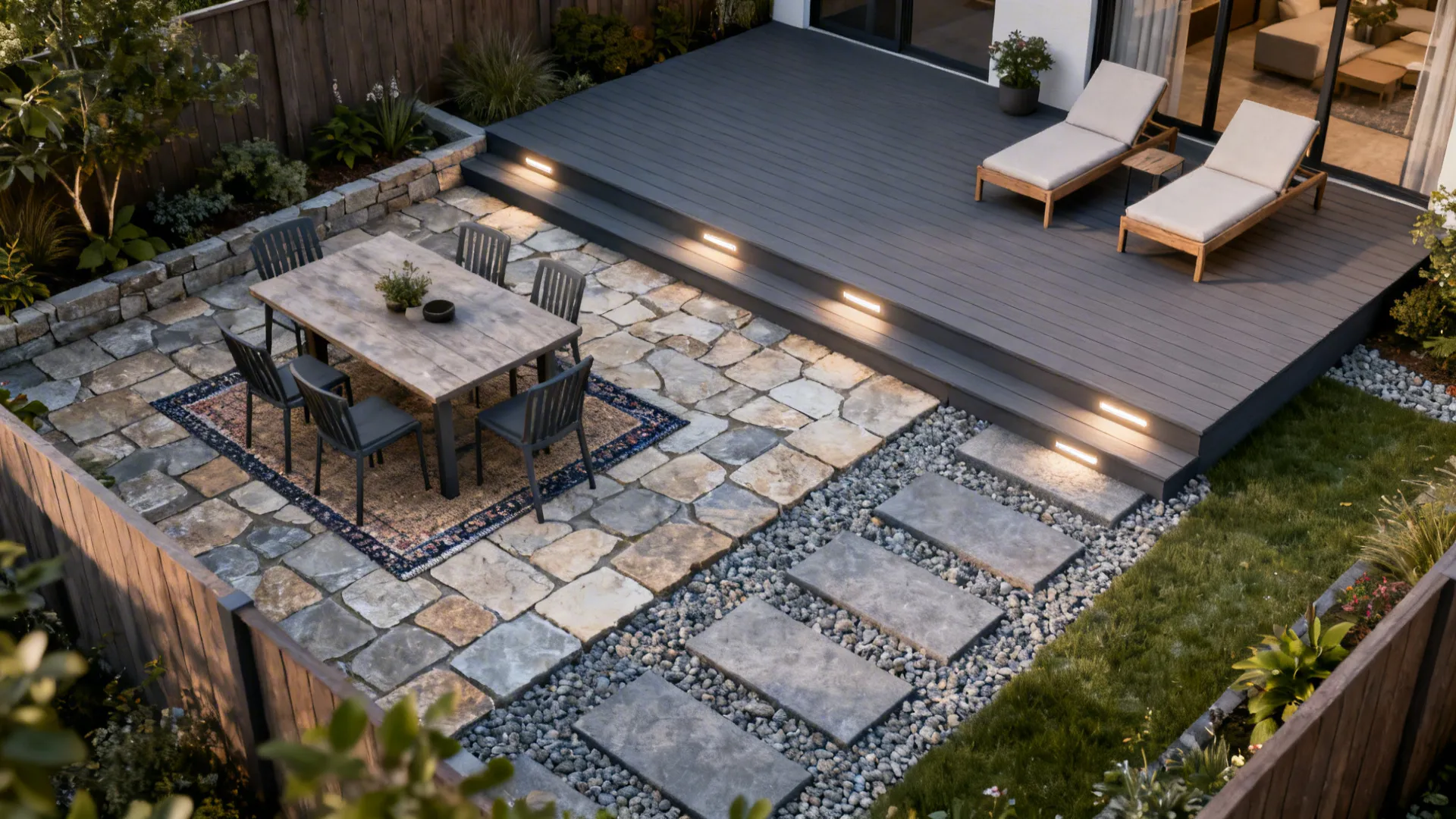 Layered flooring creating distinct zones in a tiny patio: flagstone, decking and gravel.