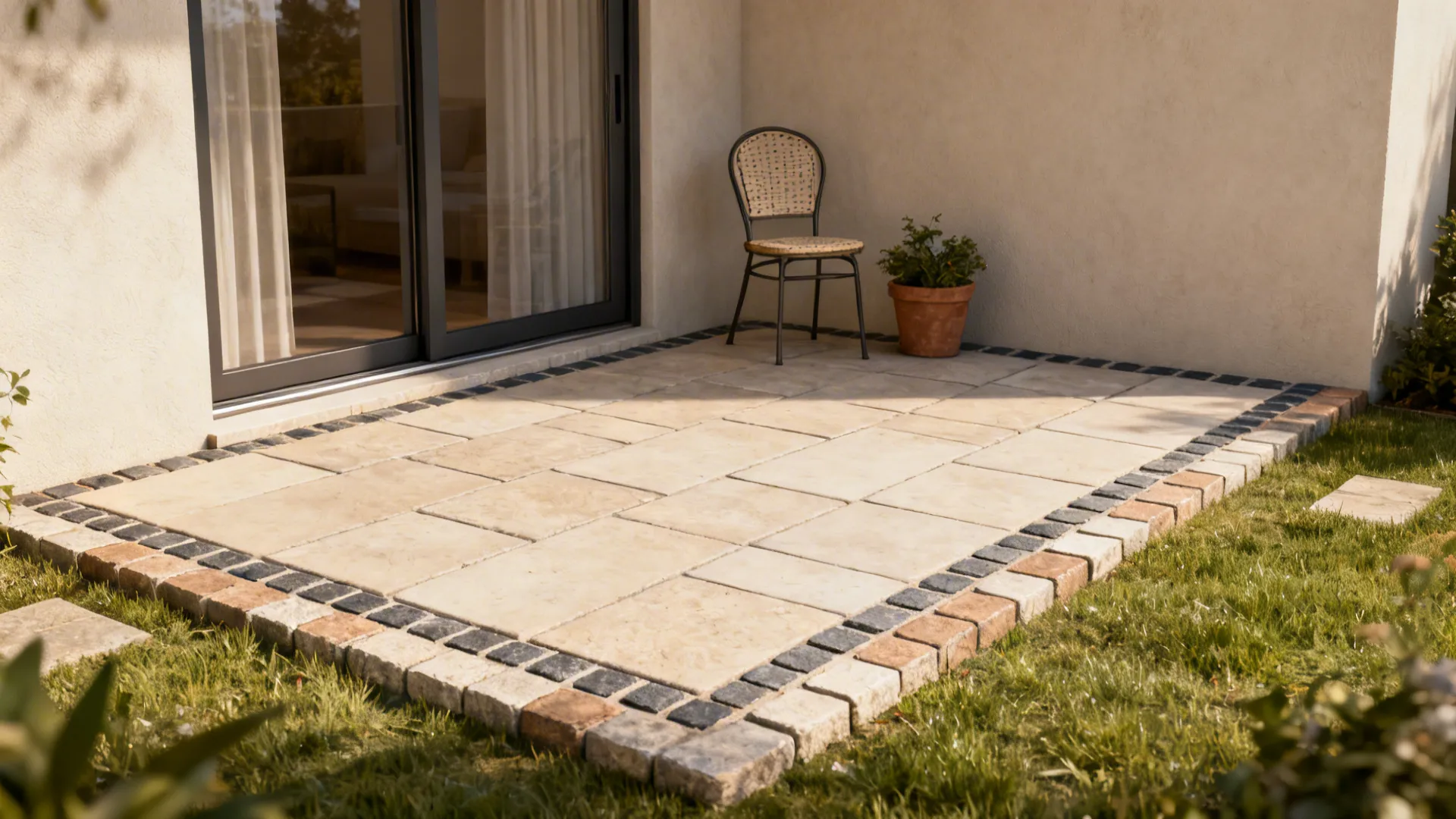 Corner pocket patio using large-format pavers with a small-paver border beside sliding doors