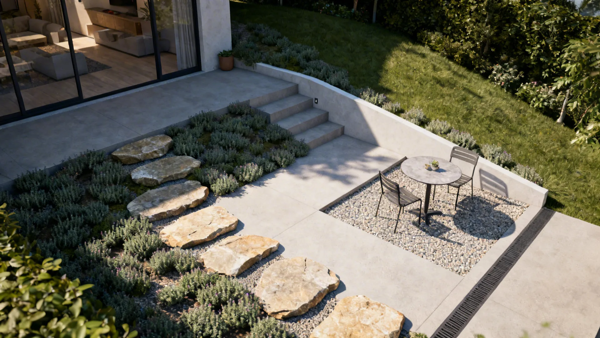 Pocket gravel patio connected by stepping stones through low groundcover in a compact yard.