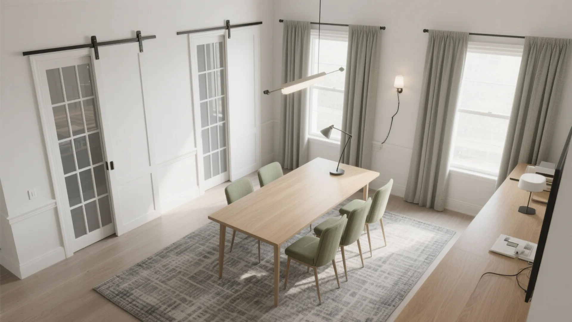 Modern dining room with wooden table green chairs grey rug sliding doors and bright windows