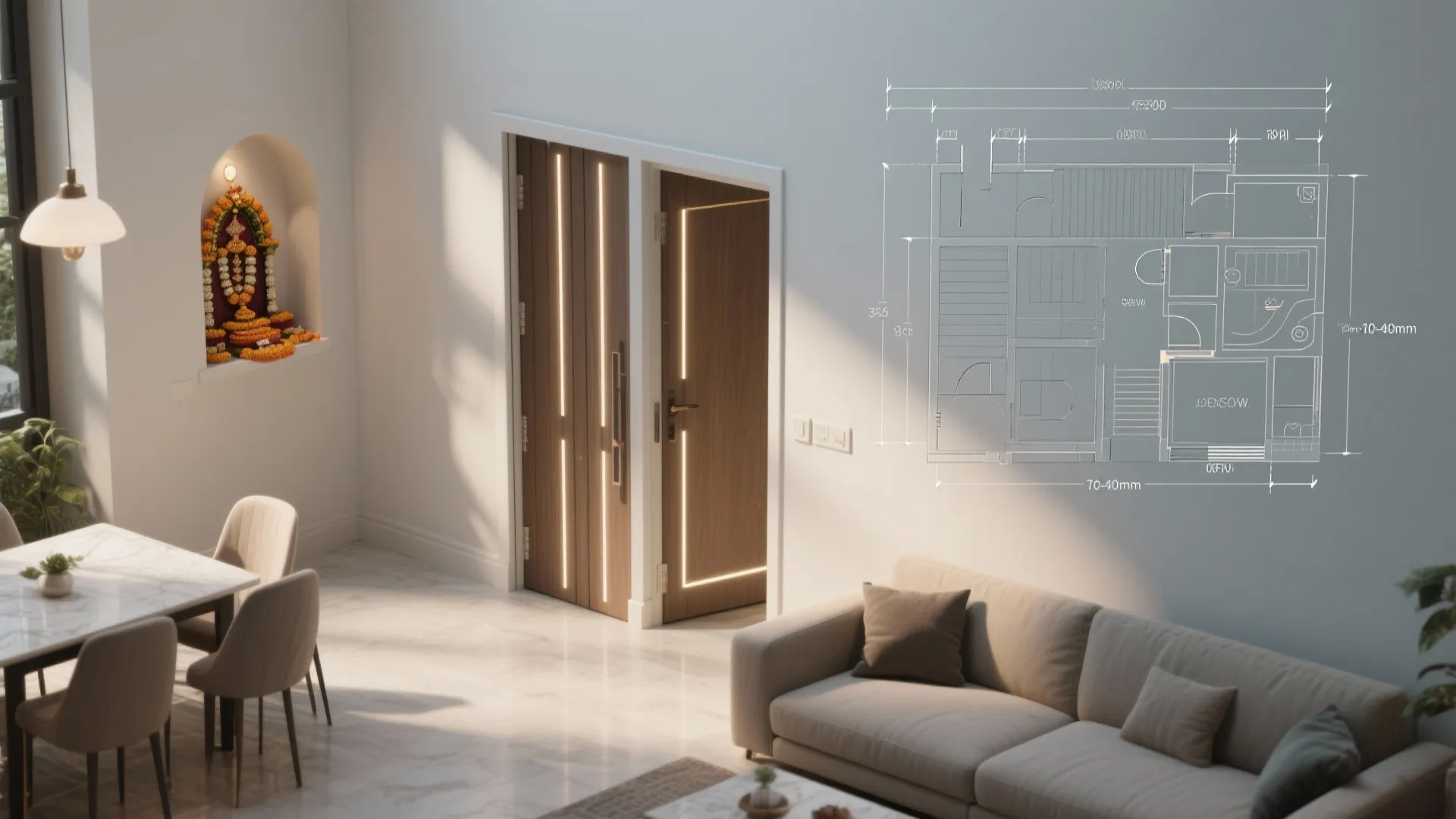 Modern living room with beige sofa dining table and white floor plan drawing on the wall