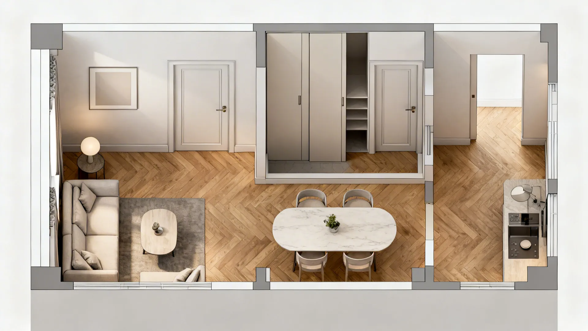 Top-down layout showing pocket door cavity and circulation between lounge and dining areas.