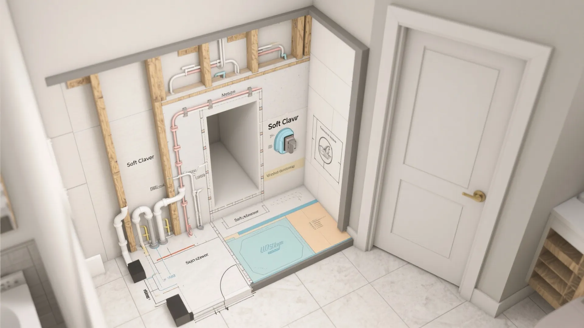Interior design drawing showing wall pipes wooden frames room layout plans and a white closed door