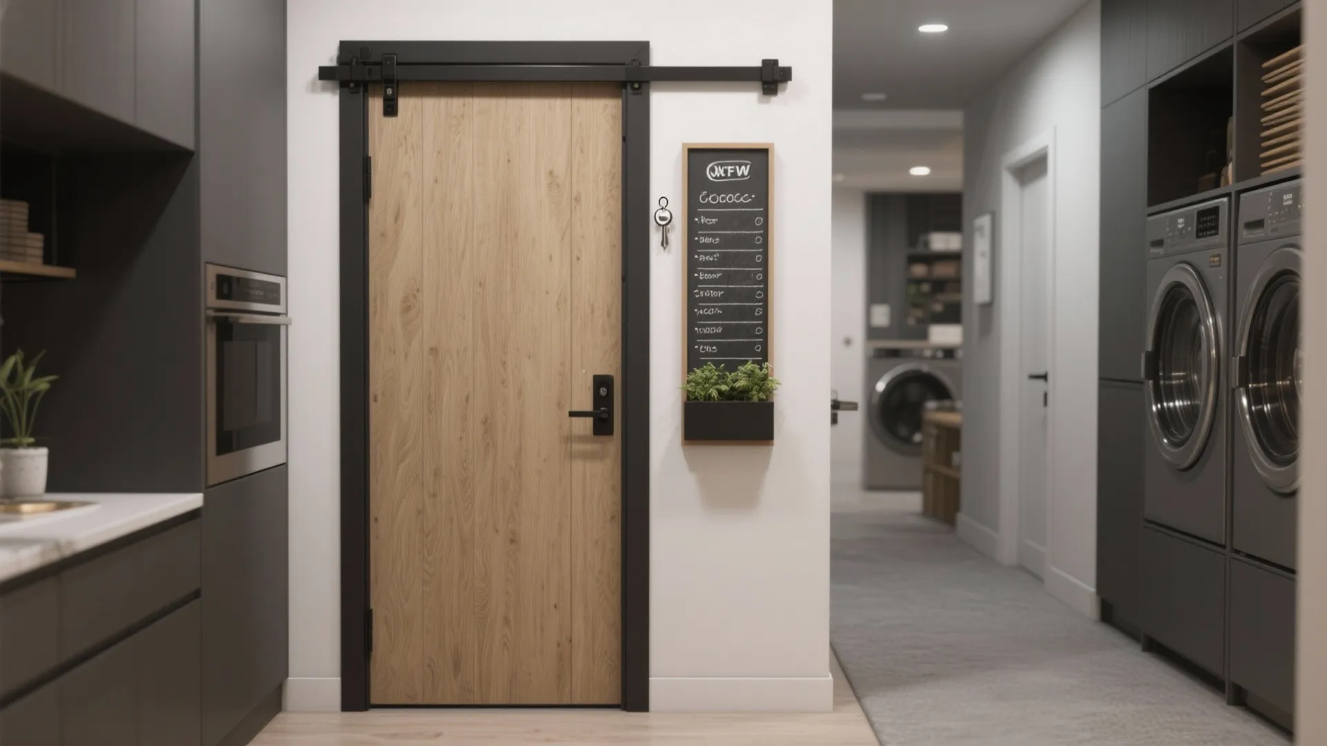 Kitchen hallway with wooden sliding door black frame chalkboard organizer and laundry machines in the background