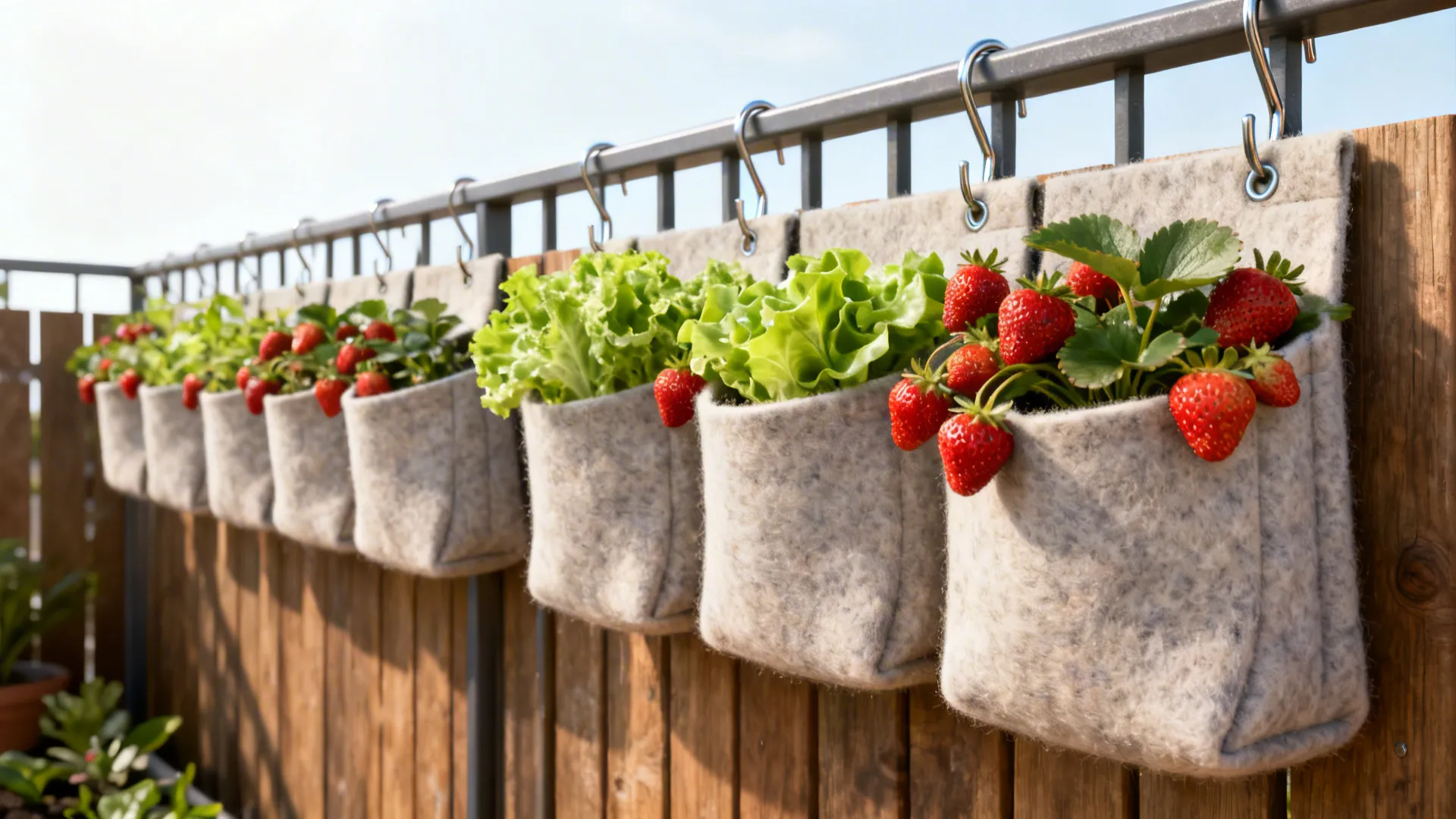 Fabric pocket planters hung on a fence filled with strawberries and salad greens.
