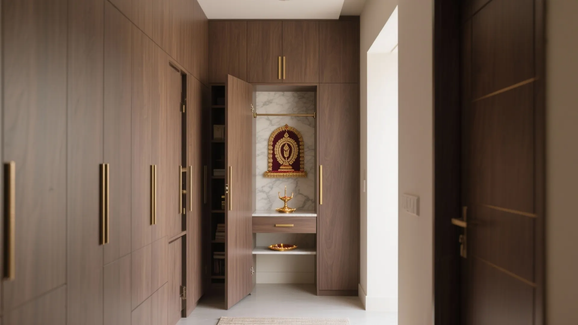 Sliding Pocket-Door Wardrobe Integrating the Pooja Niche