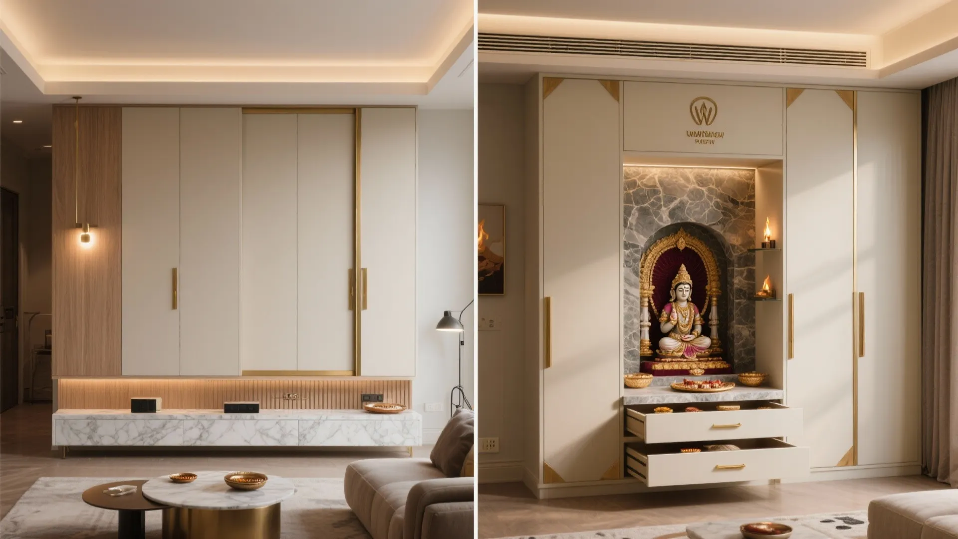 Pocket-Door Pooja Cabinet Inside Living Storage
