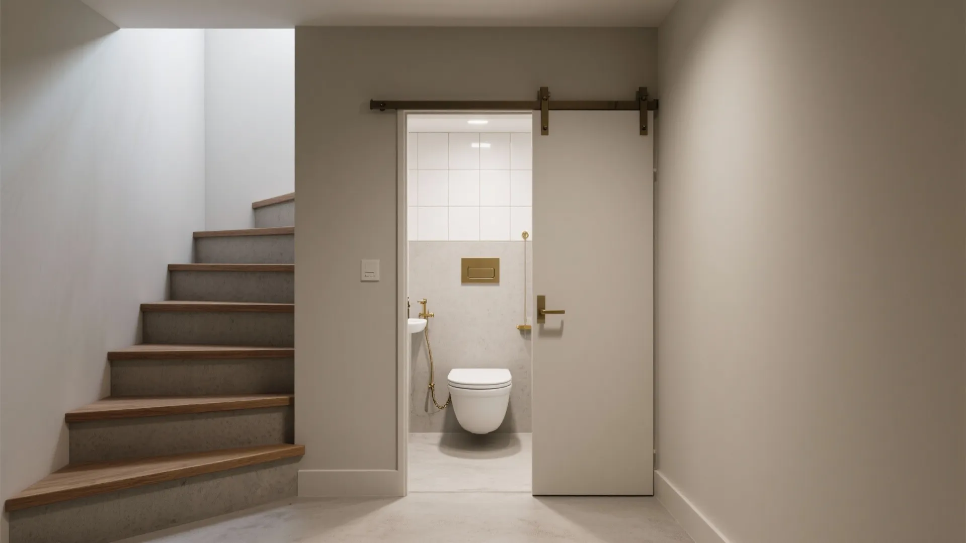 Small bathroom with sliding door next to wooden stairs showing a toilet and gold fixtures
