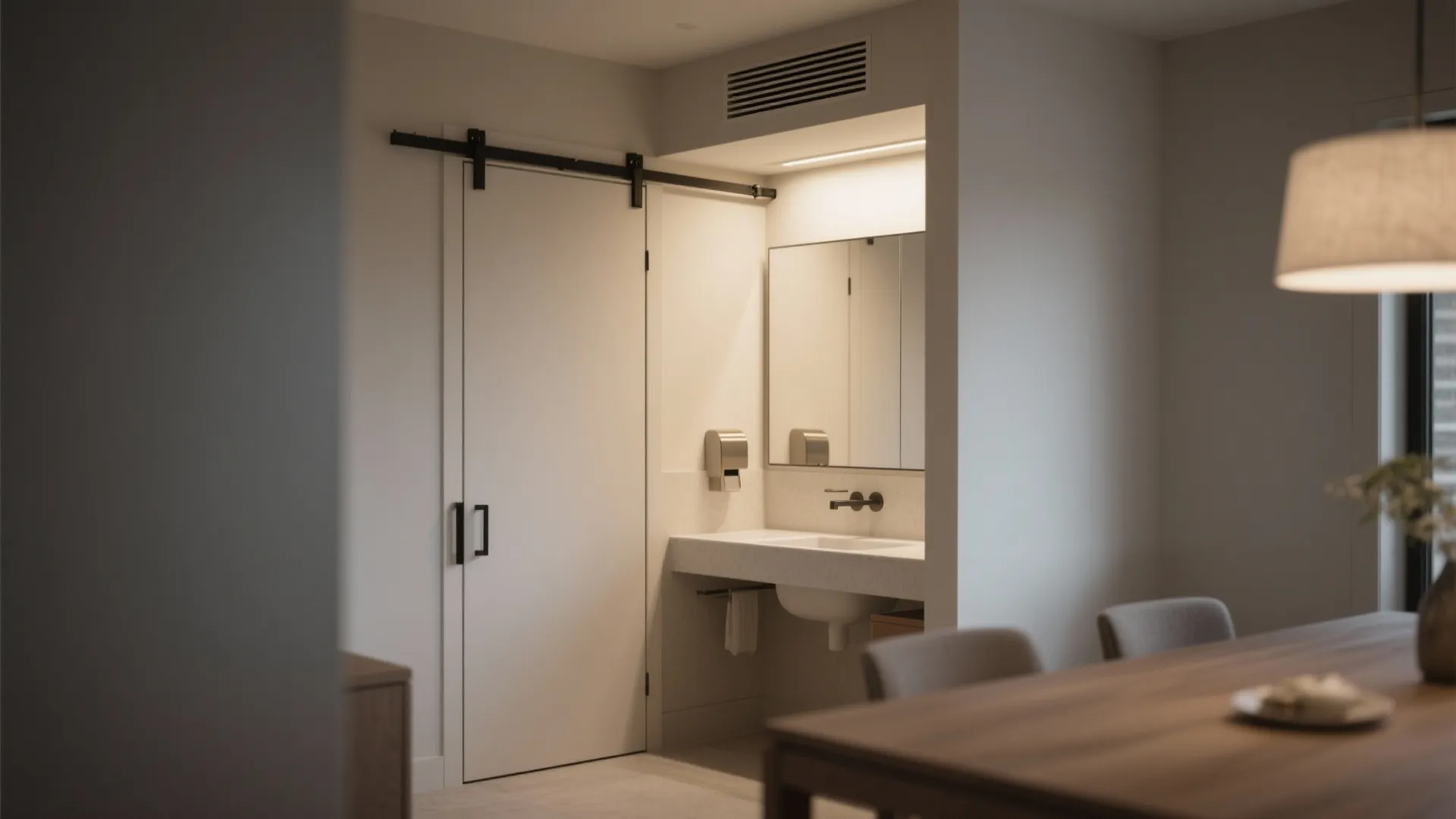 Minimalist small bathroom corner with white sliding door wall mirror sink and warm light fixture