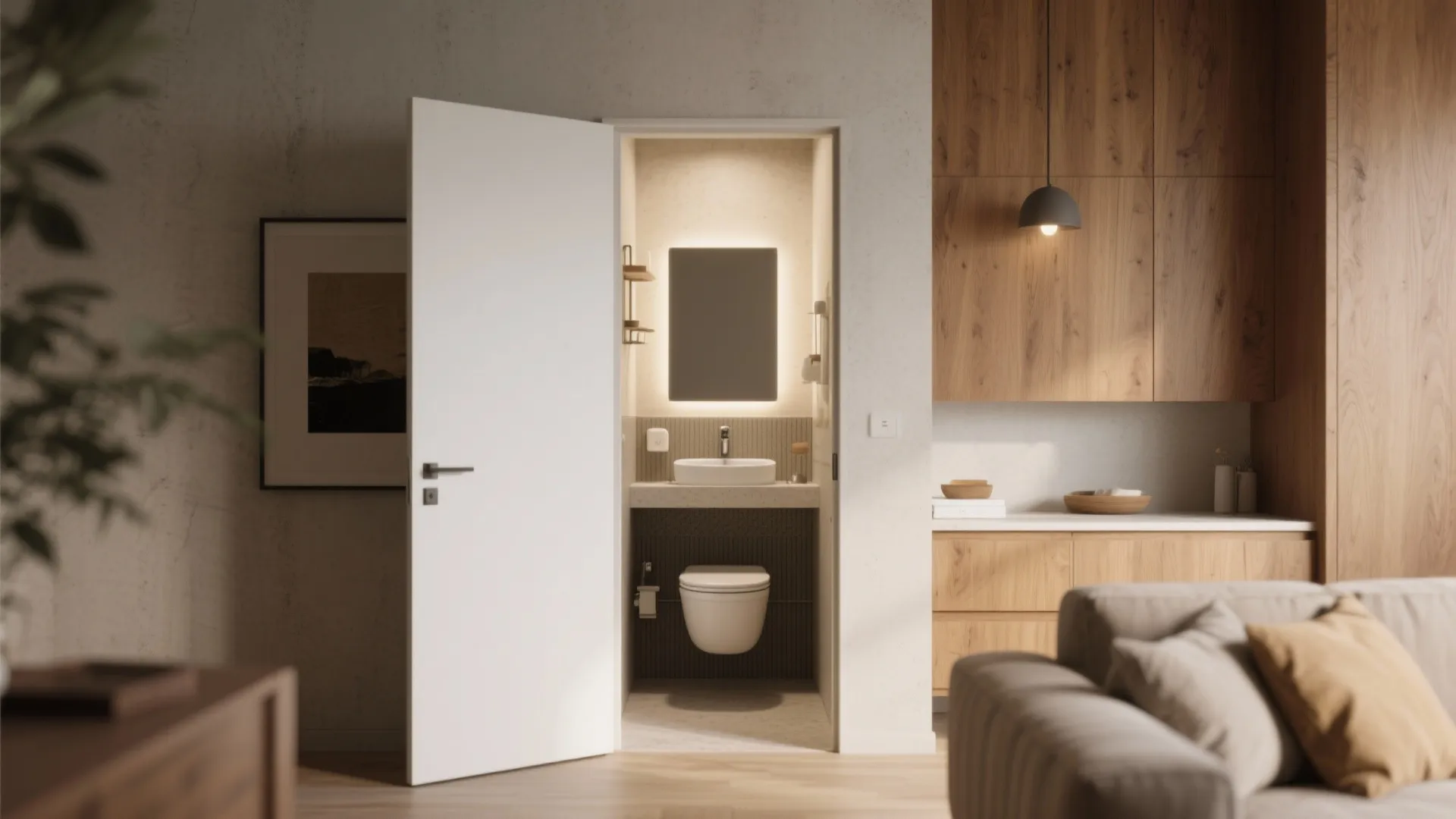 Small pocket powder room off the living room with a compact basin and pocket door.