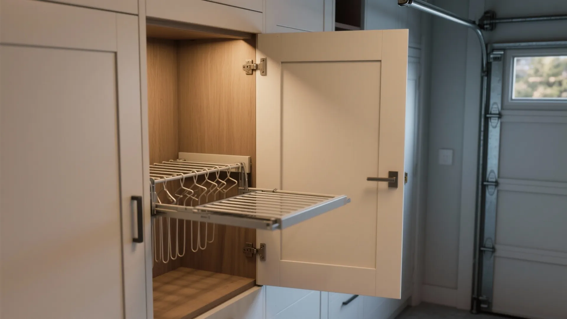 Open white cabinet with pull out drying rack and hangers inside a modern laundry room