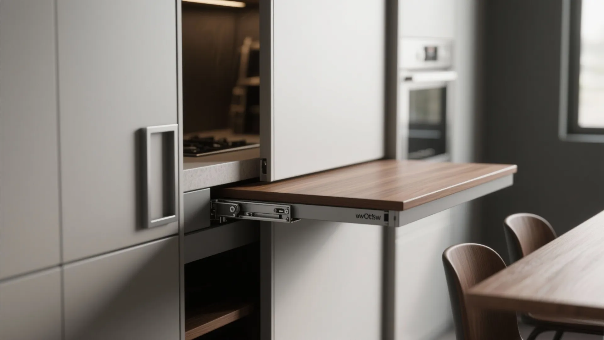 Modern kitchen cabinet with pull out wooden table surface and metal sliding mechanism near chairs