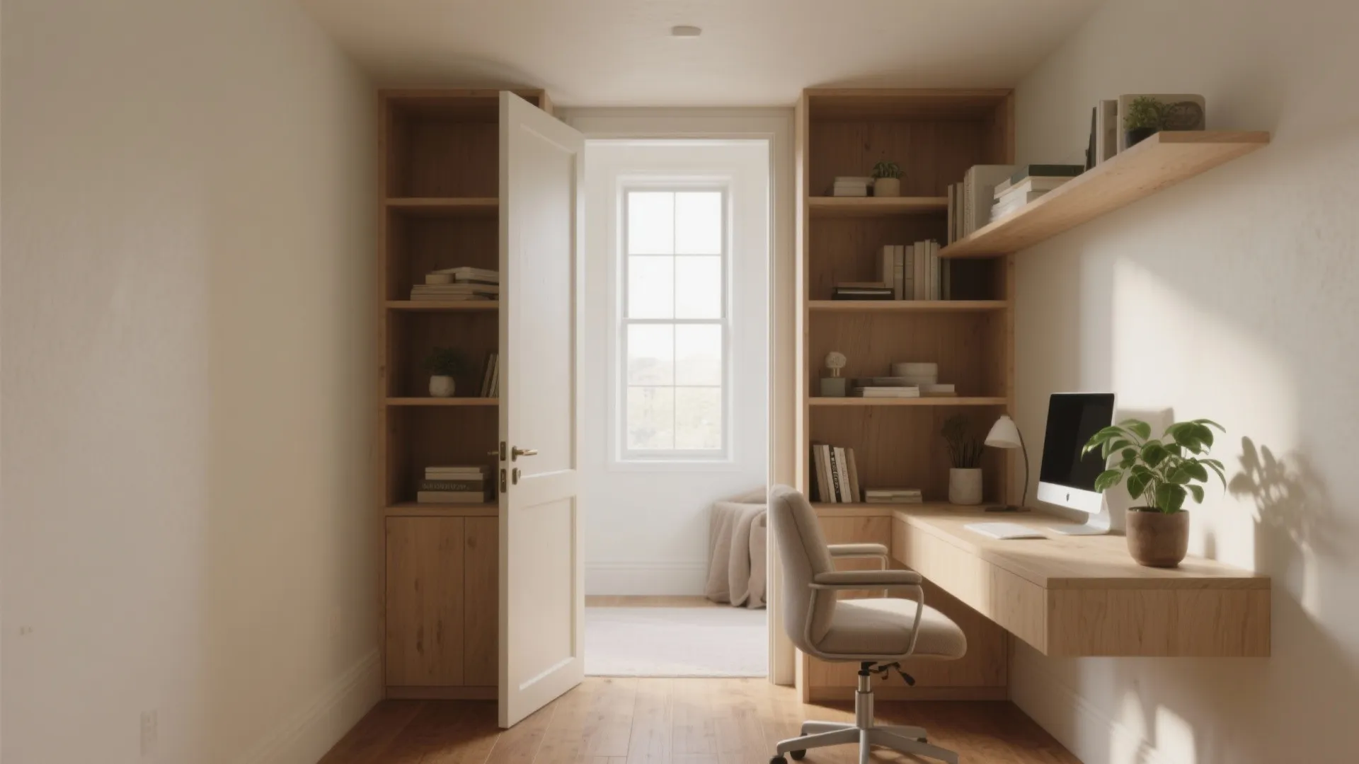Minimalist home office with wooden desk chair bookshelves computer monitor and open door to bedroom window