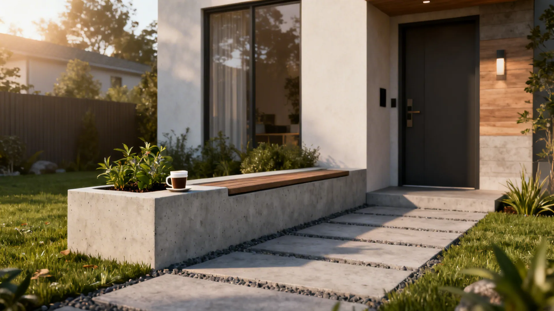 Slim concrete ledge bench integrated into retaining wall with built-in planter in a small front yard