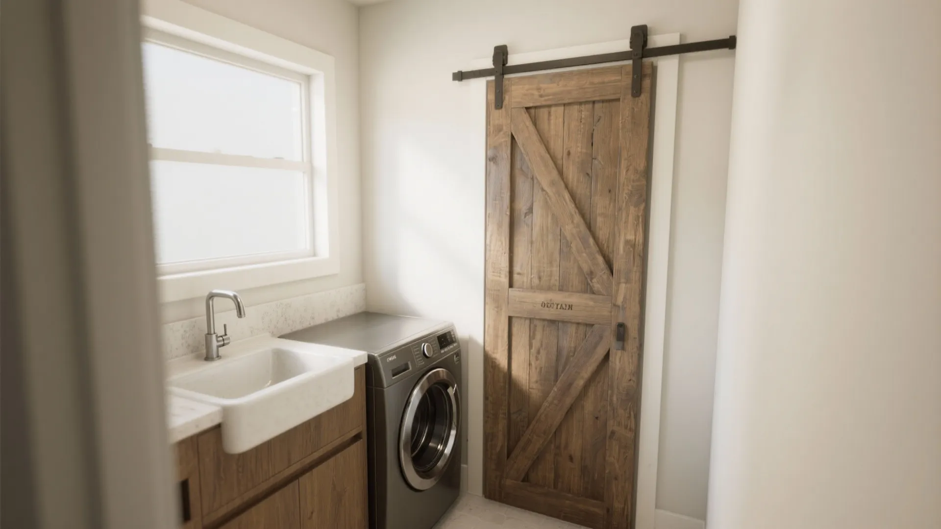 Small laundry room with white sink and grey washing machine next to wooden sliding door