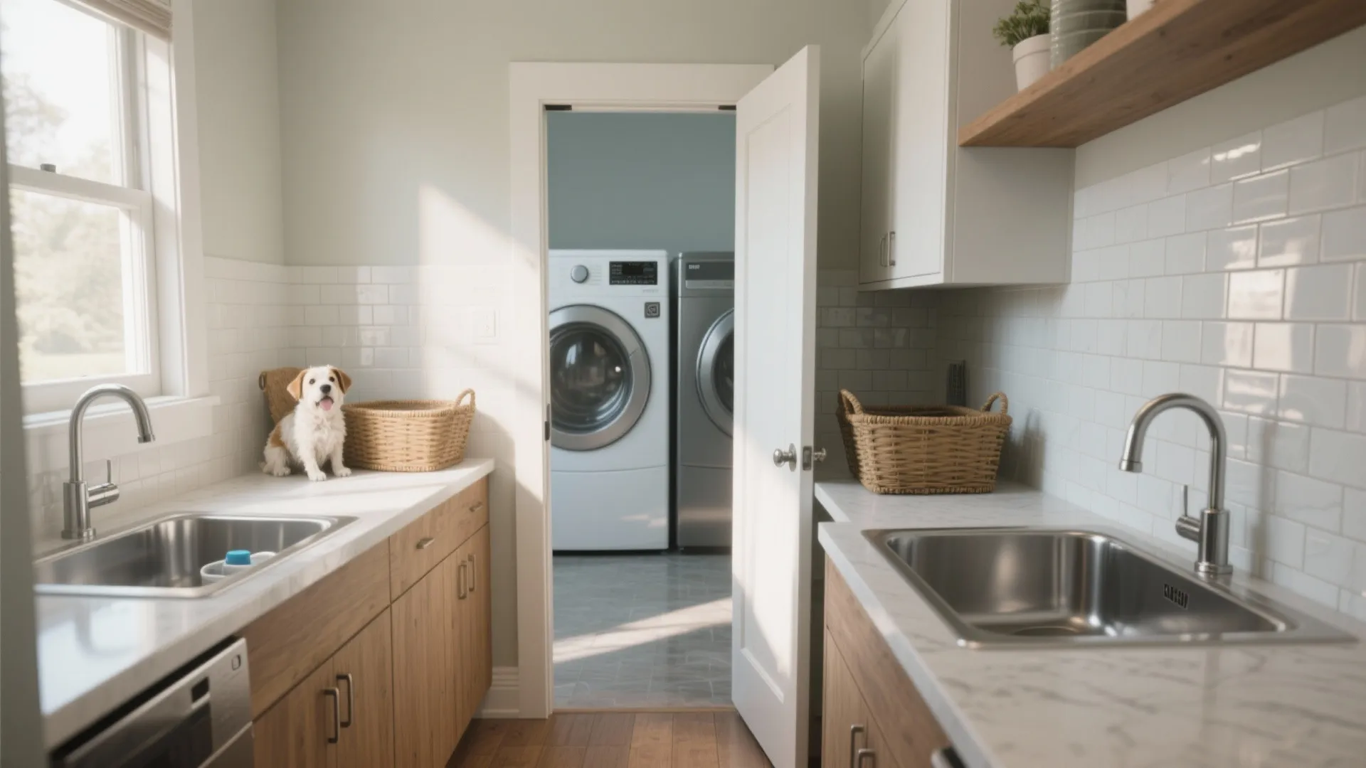 Small dog sitting on kitchen counter in a bright room looking into the laundry area