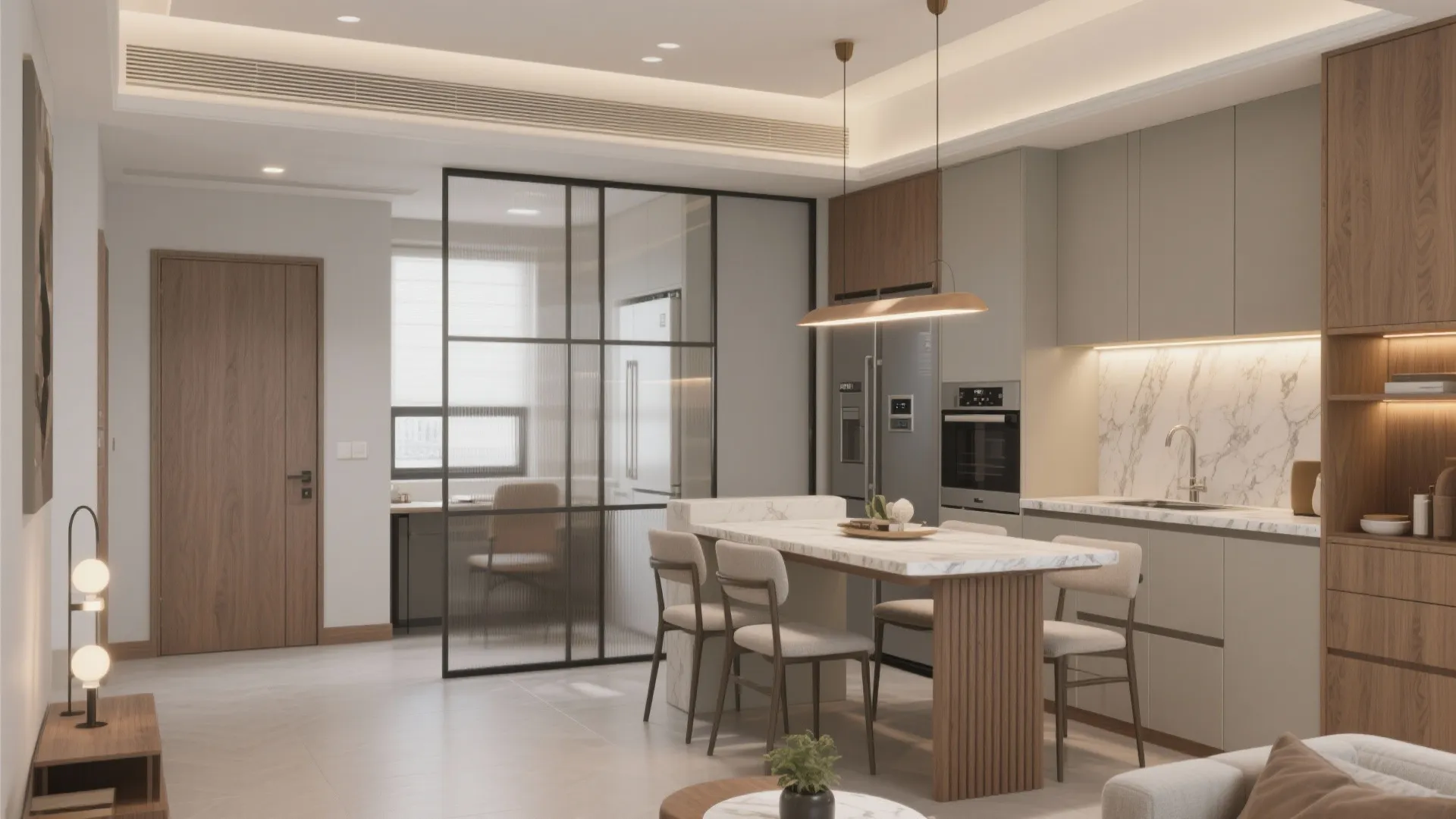 Pocket doors, sliding partitions, and layered lighting