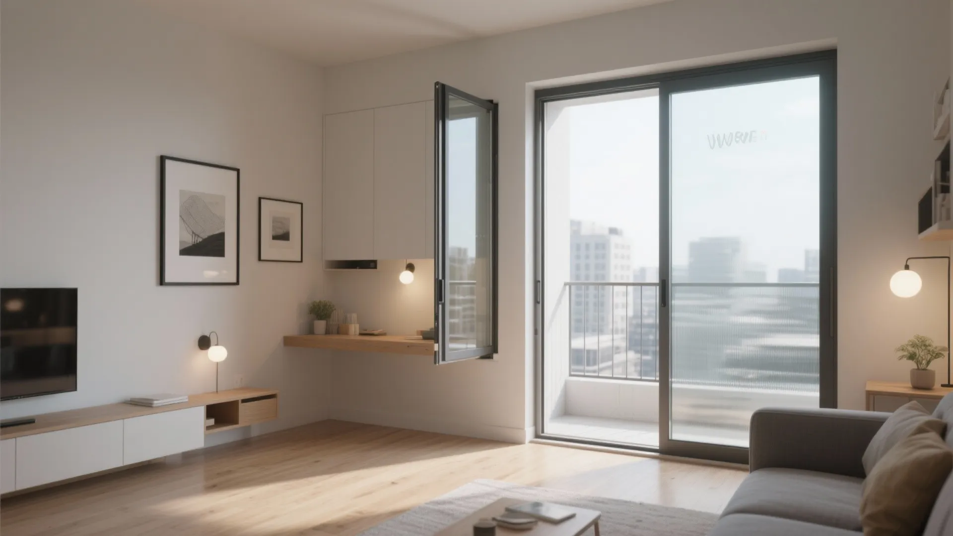 Micro-apartment with pocket sliding balcony door reclaiming wall and circulation space.