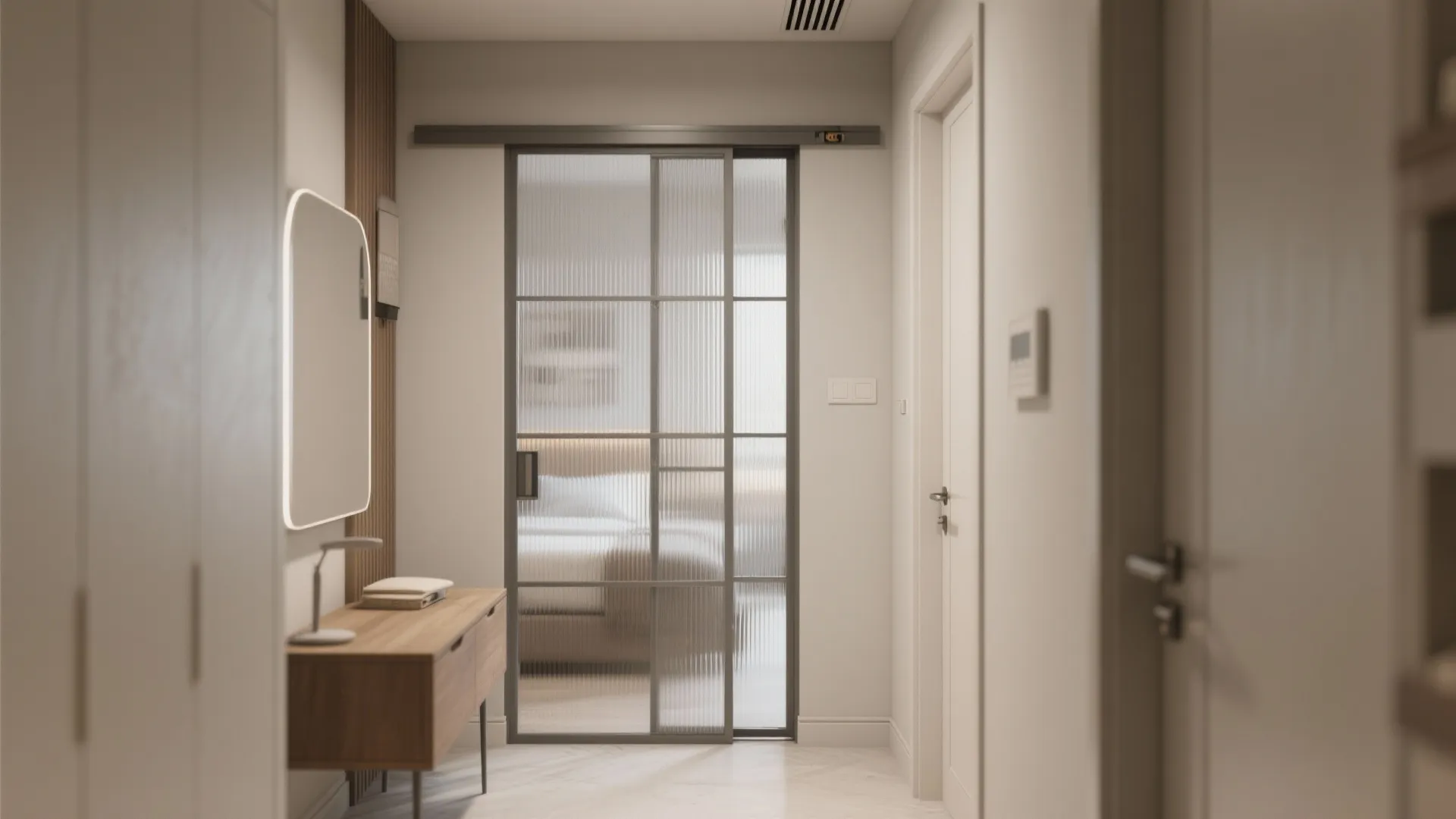 Modern hallway with glass sliding door leading to bedroom featuring wooden cabinet and wall light