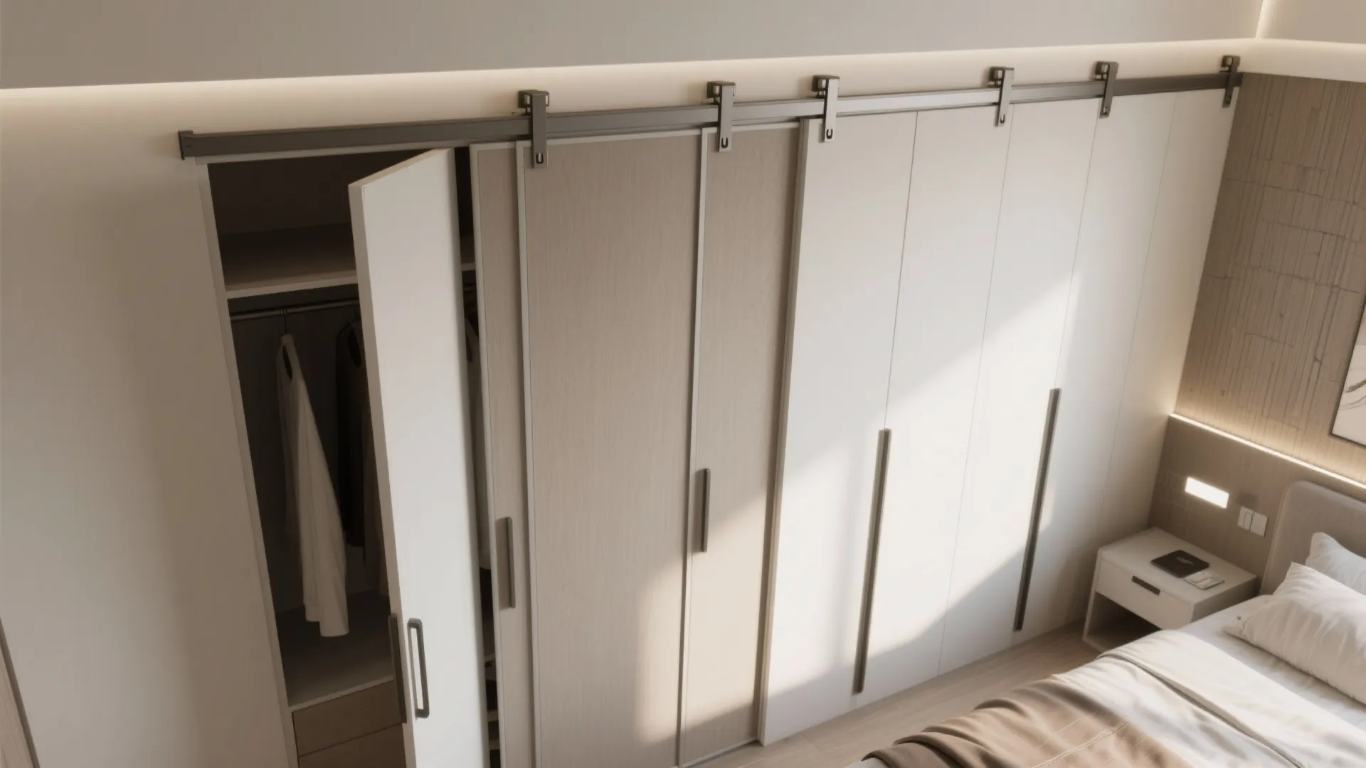 Modern bedroom featuring a white wardrobe with sliding doors and interior storage next to bed