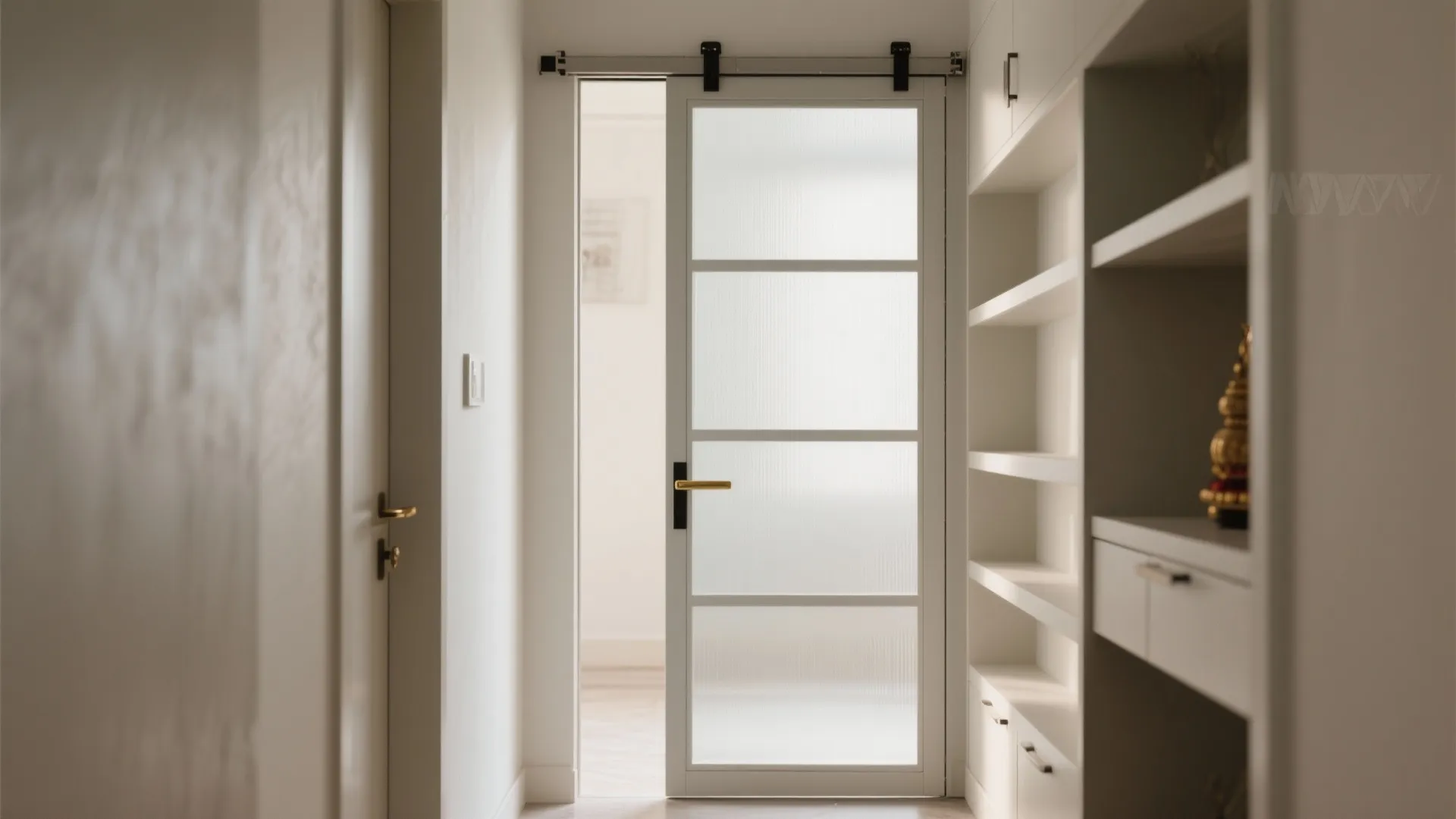 White sliding barn door with frosted glass panels installed in a minimalist home office space