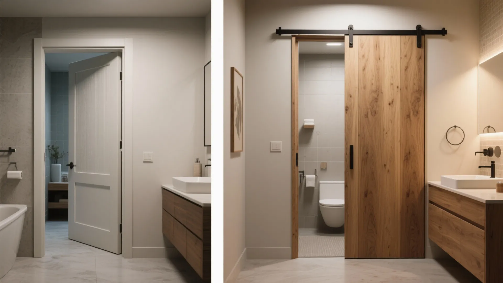 Before and after comparison of standard white hinged door versus wooden sliding barn bathroom door