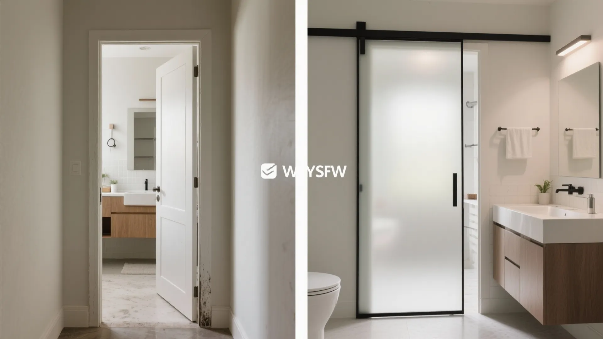 Before and after comparison of a white swing door and a modern black sliding door