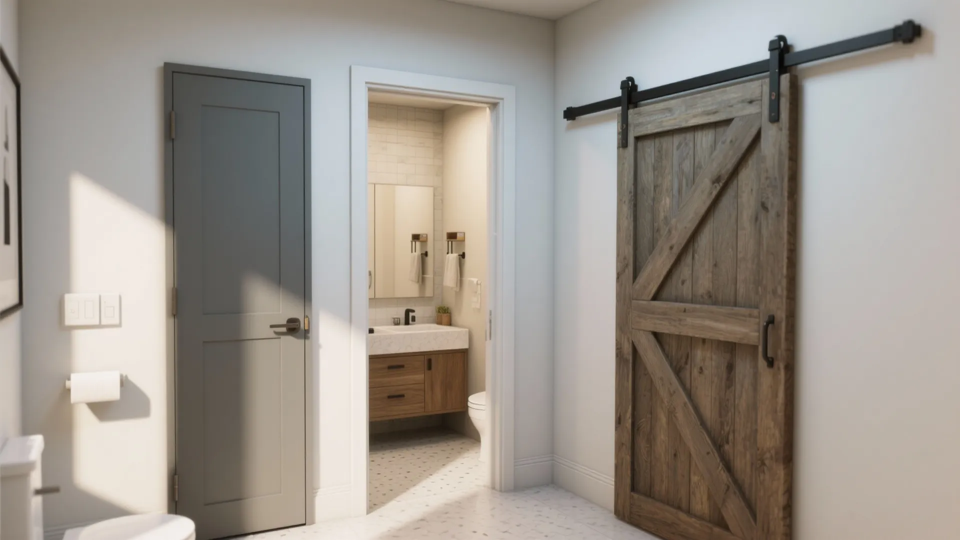 Pocket door partially open in a small bathroom showing reclaimed-wood sliding option and increased circulation.