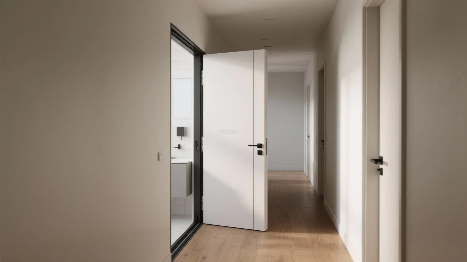 Narrow hallway with a concealed pocket bathroom door and recessed pull for a clean look.