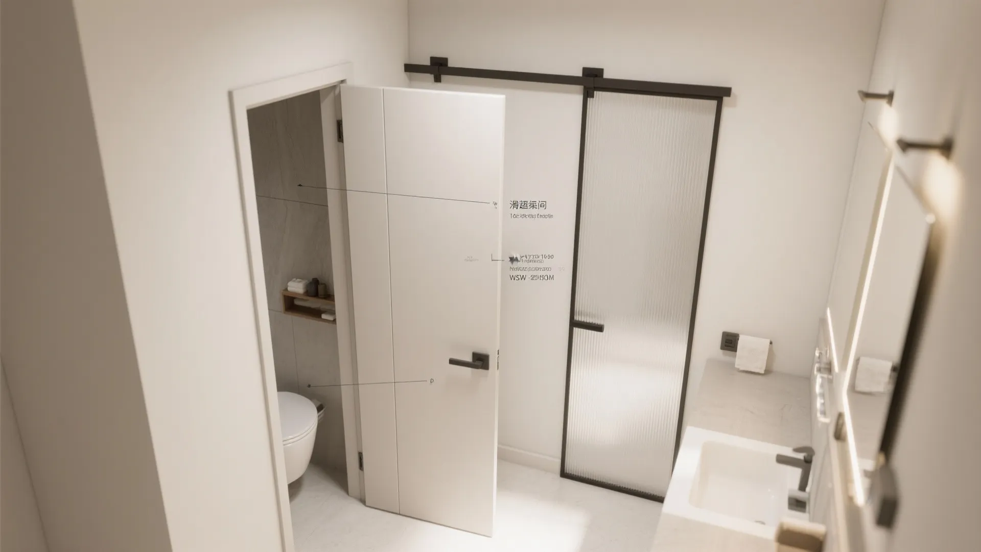 Modern white bathroom with sliding glass door and open white wooden door leading to toilet
