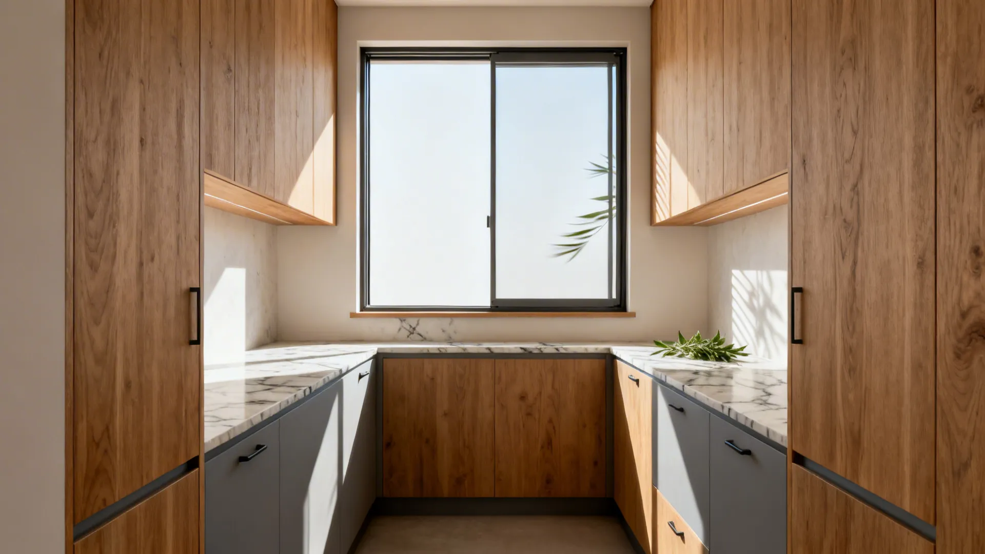 Kitchen with wood cabinets marble countertops and a black sliding window showing bright natural light