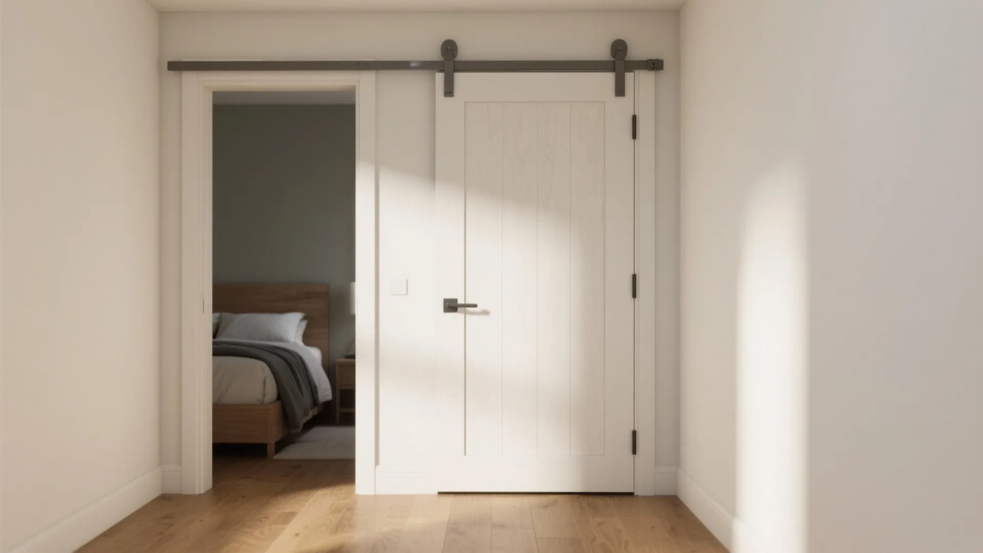 White sliding door on black track opening to bedroom with wooden bed and wood floor