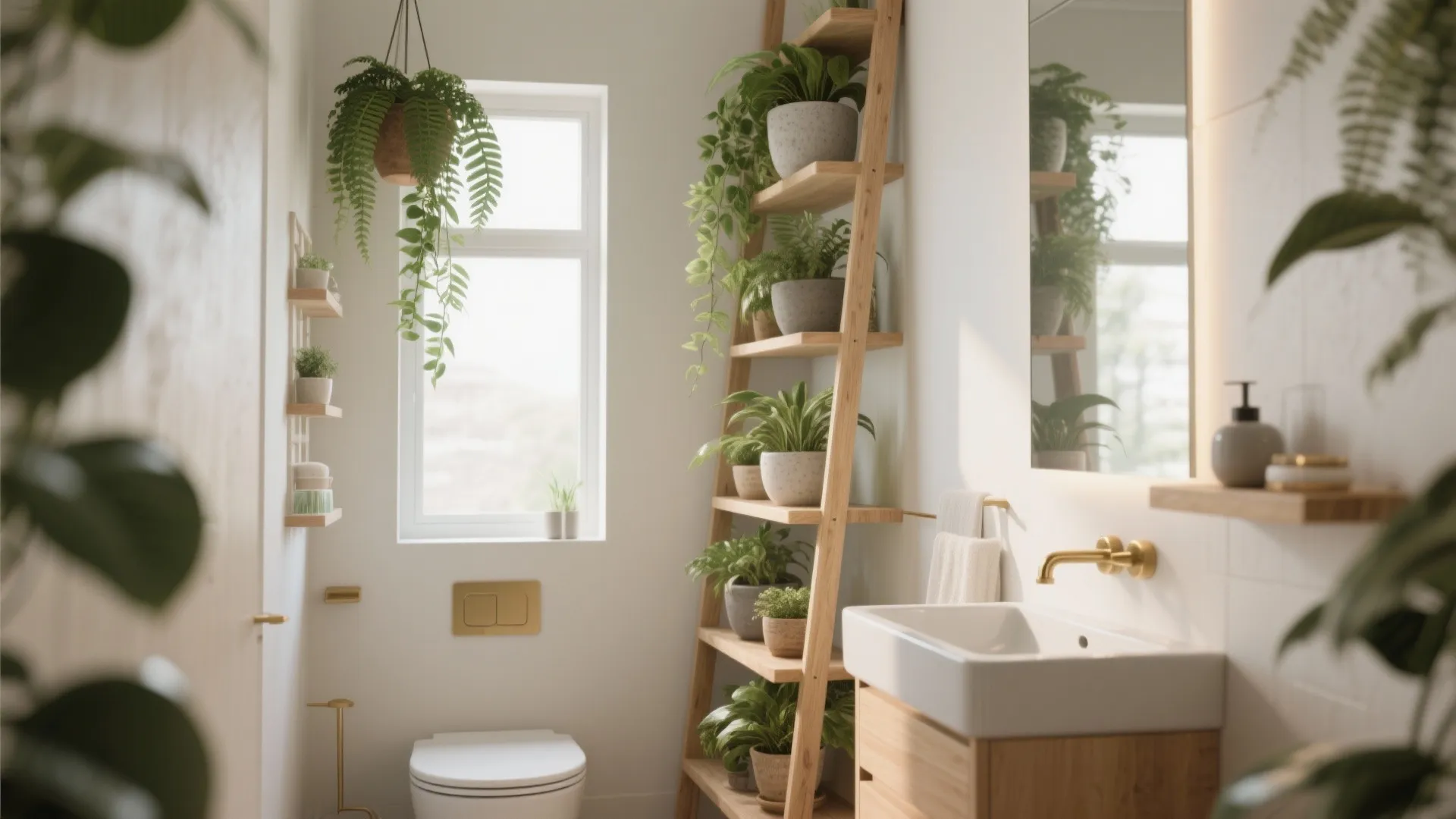 Bright bathroom featuring many green plants on wooden shelves with white toilet and gold faucet