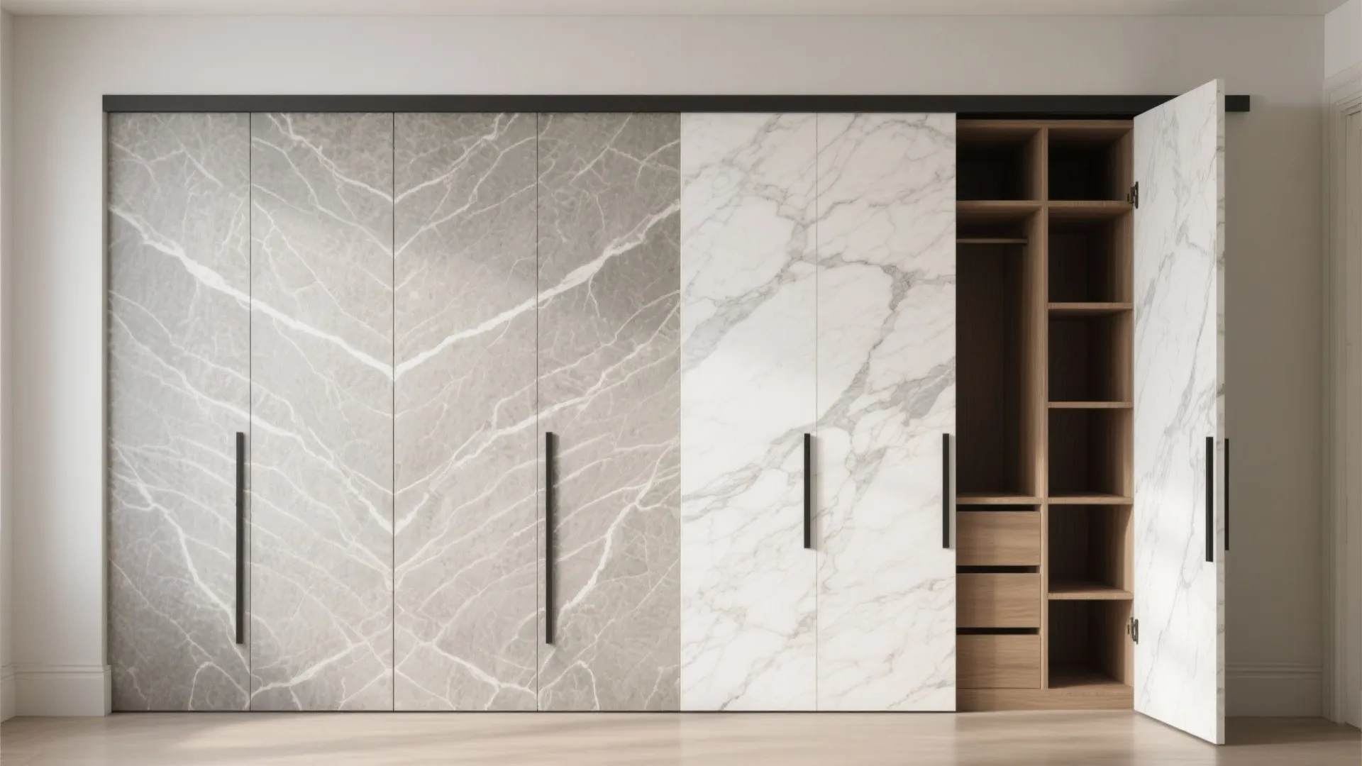 Large wardrobe with grey and white marble doors showing wooden interior shelves and storage drawers