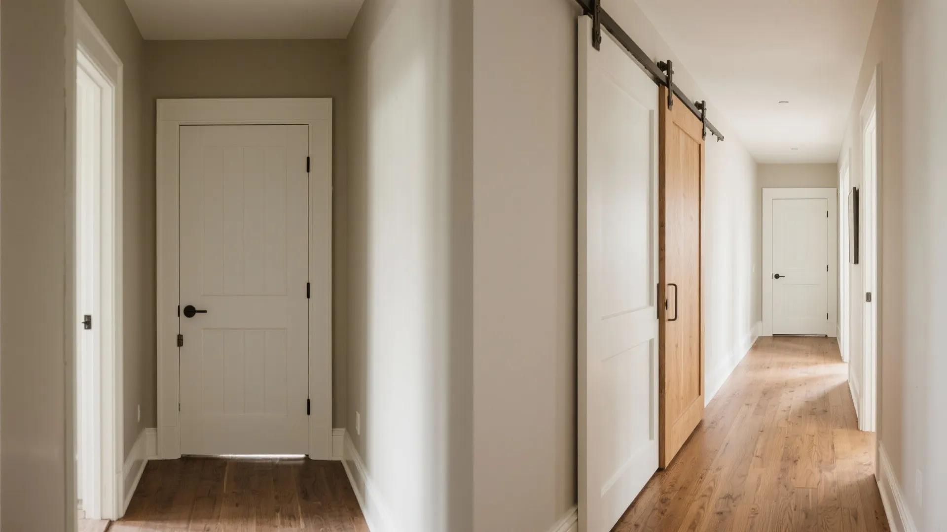Long hallway with white wooden doors and sliding barn doors in wood and white finishes
