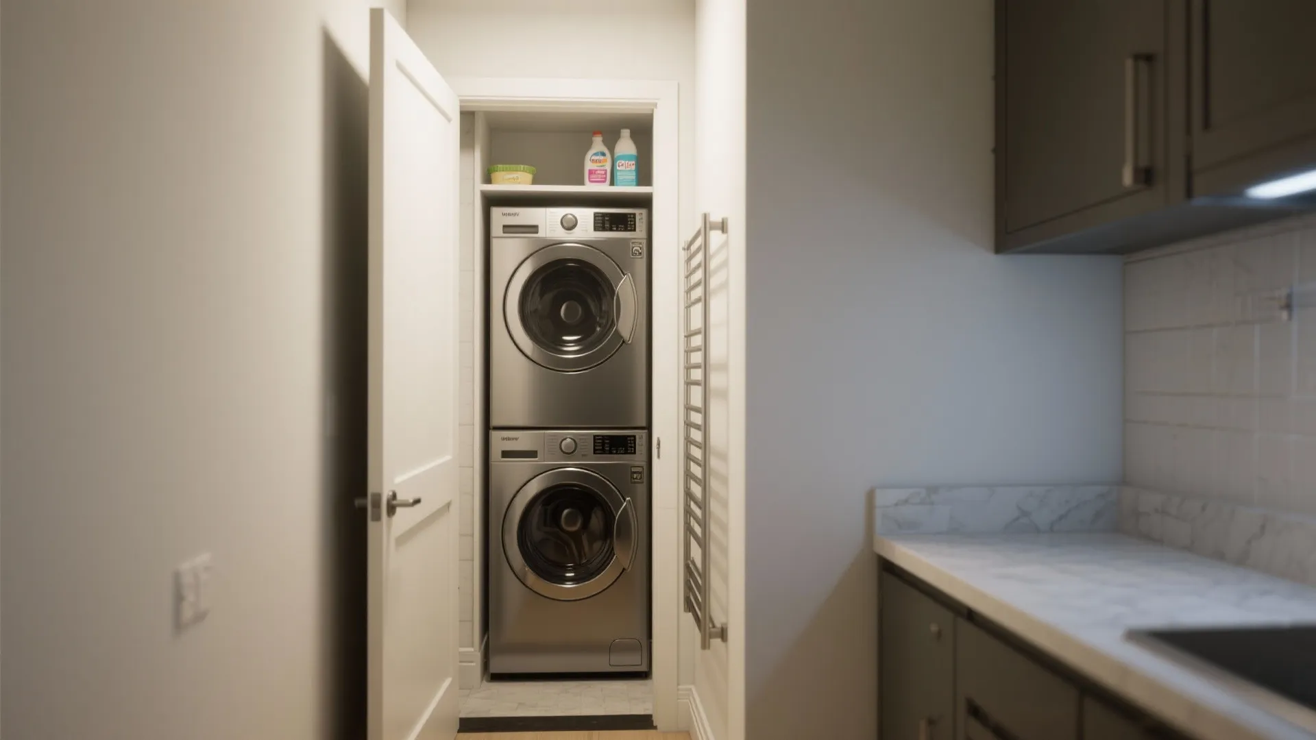 Compact laundry closet with stacked silver washing machine and dryer located next to modern kitchen