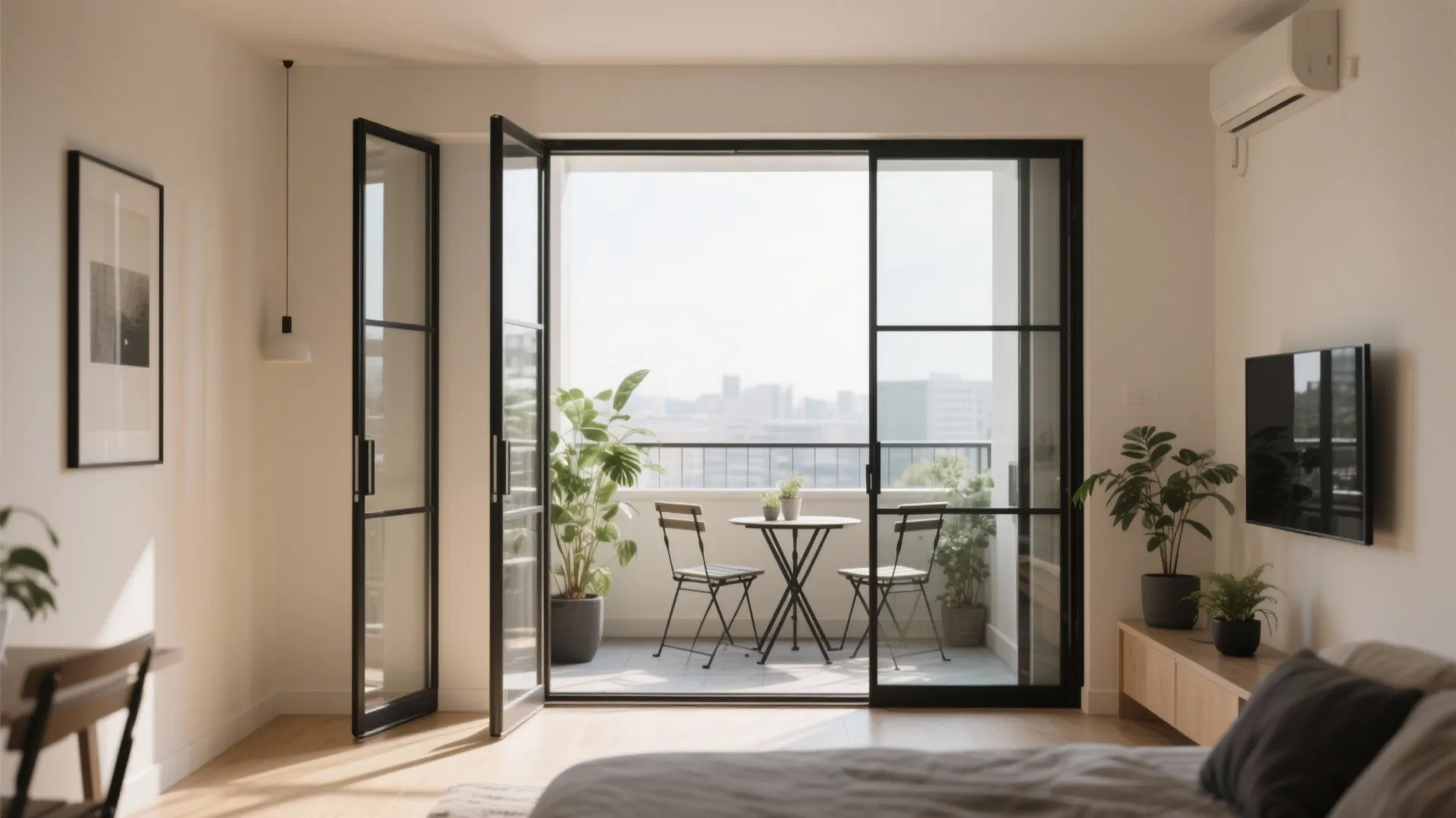 Bedroom view showing open black framed glass doors leading to a balcony with small table