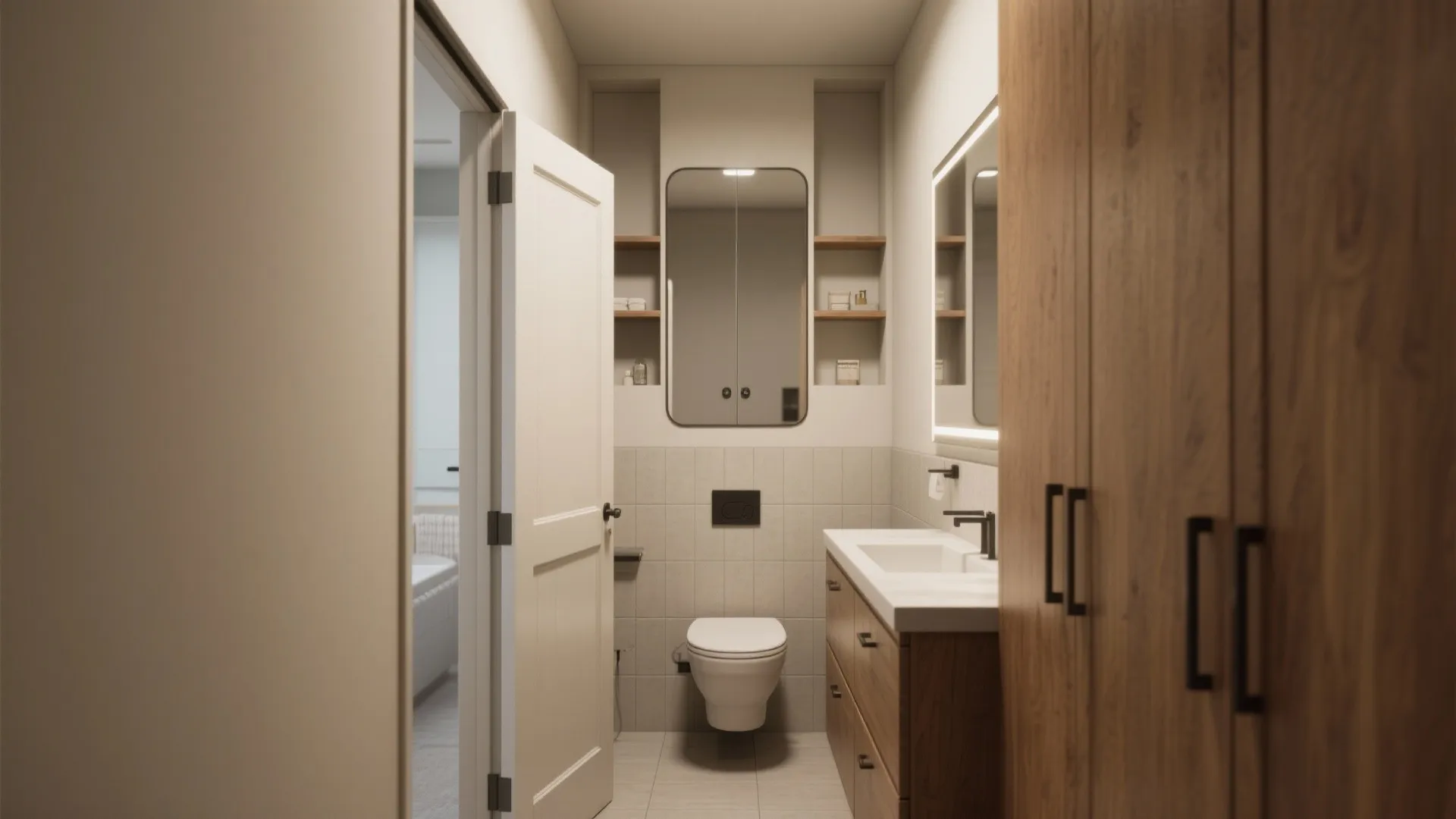 Modern small bathroom with a white toilet wooden cabinet mirror light and open white door