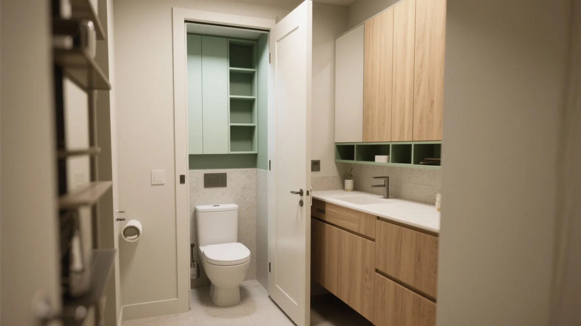 3. Pocket door + tall, shallow storage